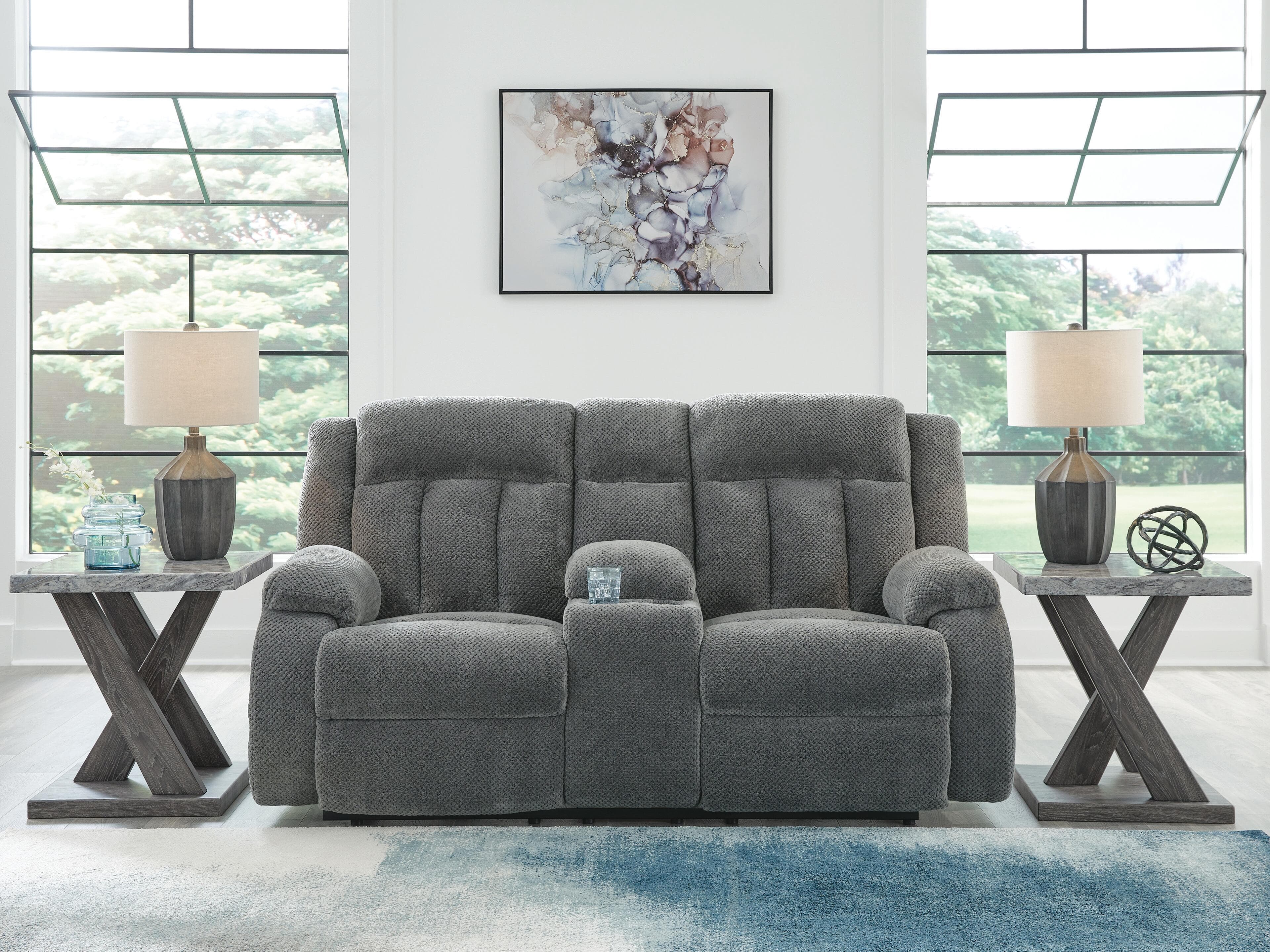 Greely Bend Power Reclining Loveseat with Console — Black/Gray — view 2
