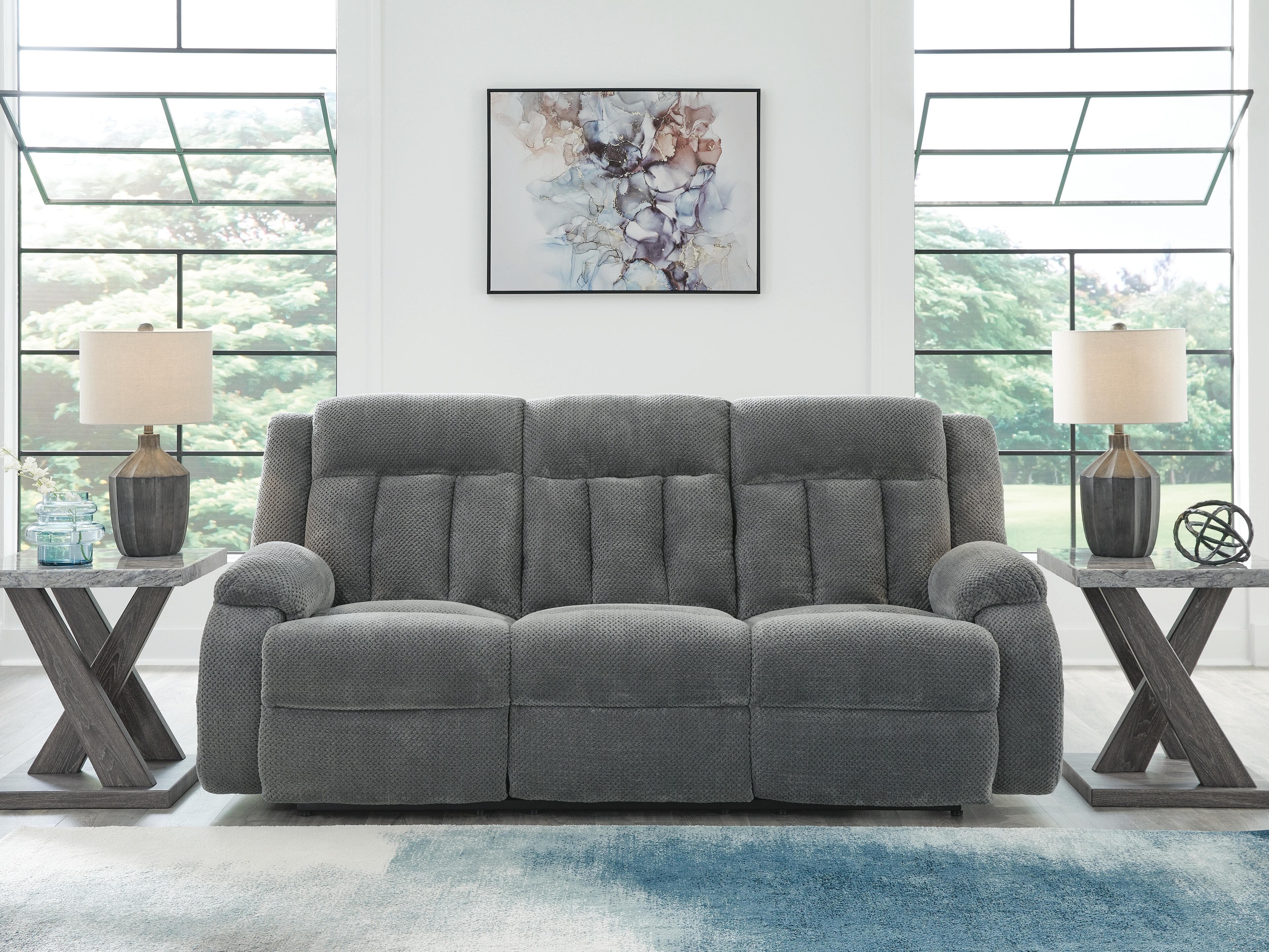 Greely Bend Power Reclining Sofa with Drop Down Table — Black/Gray — view 2