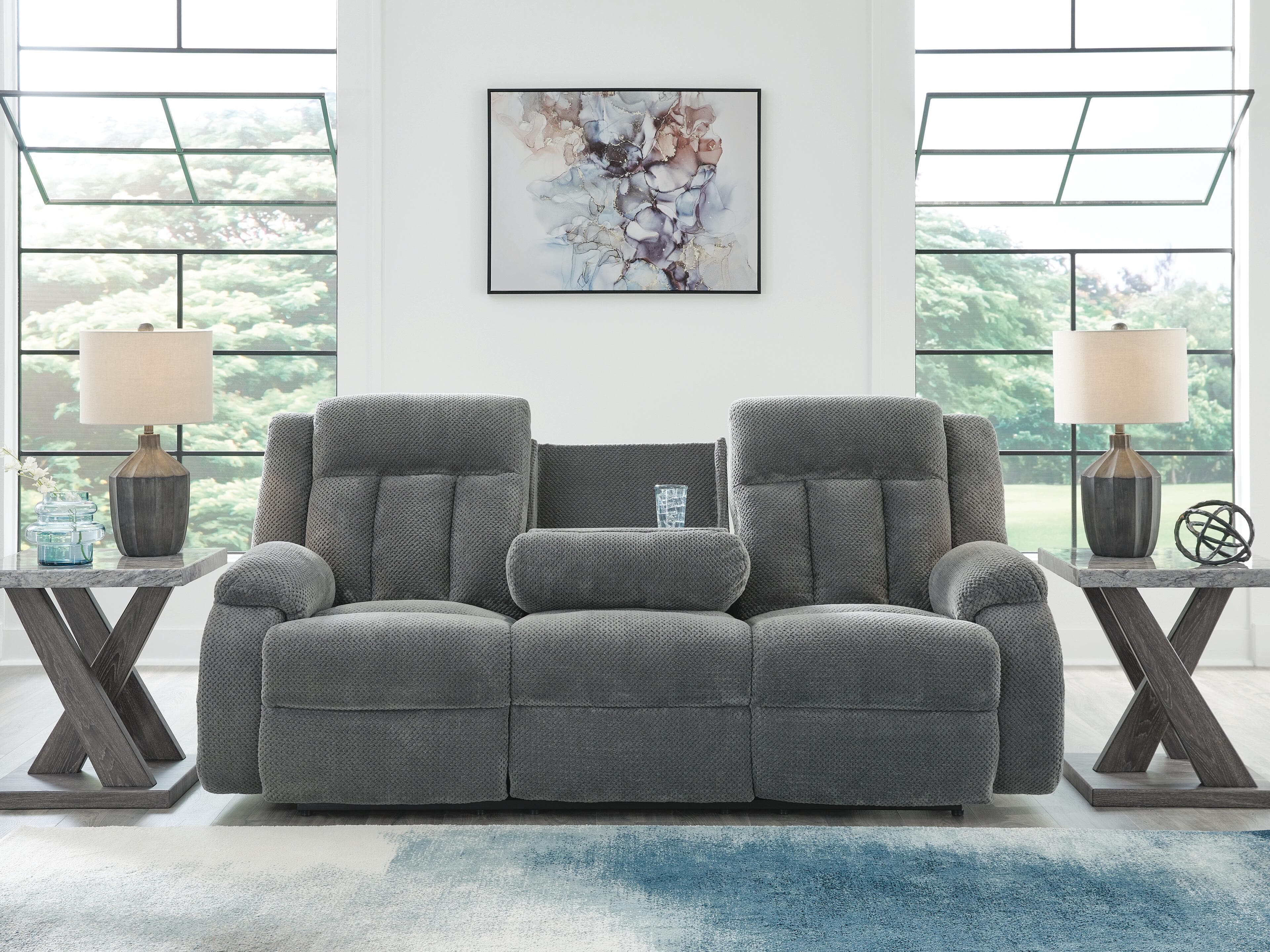 Greely Bend Power Reclining Sofa with Drop Down Table — Black/Gray — view 7