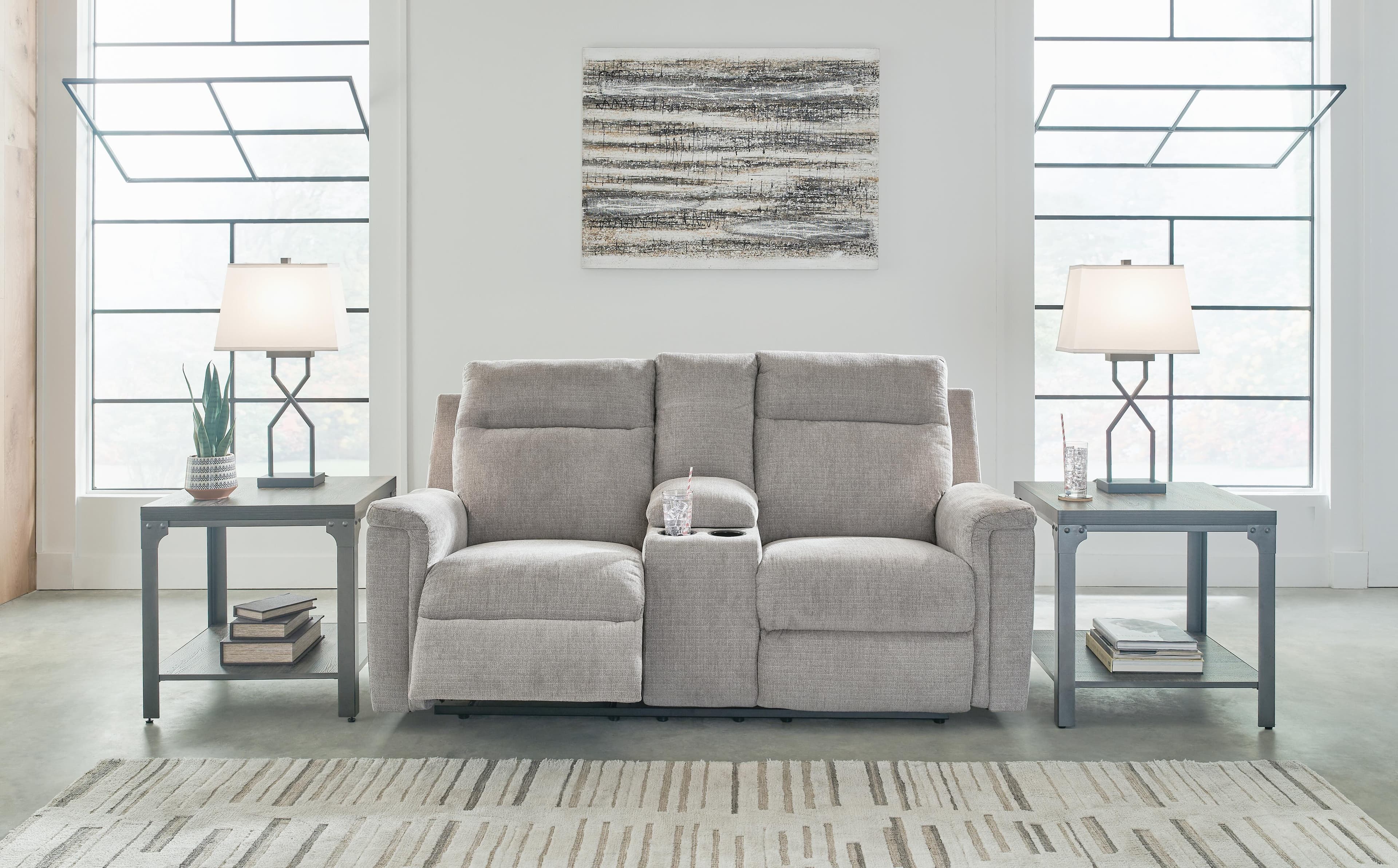 Barnsana Power Reclining Loveseat with Console — Black/Gray — view 2