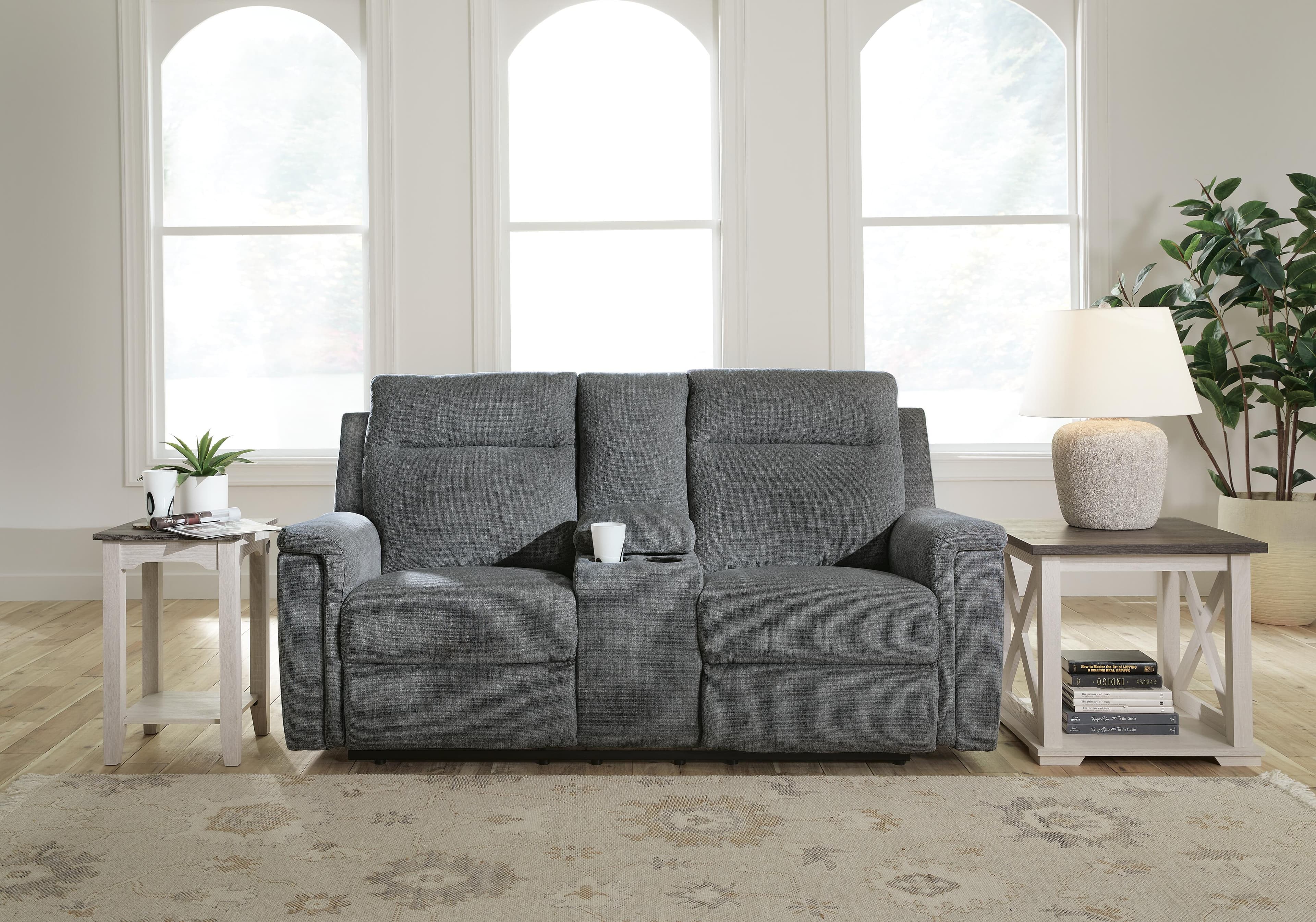 Barnsana Power Reclining Loveseat with Console — Black/Gray — view 2