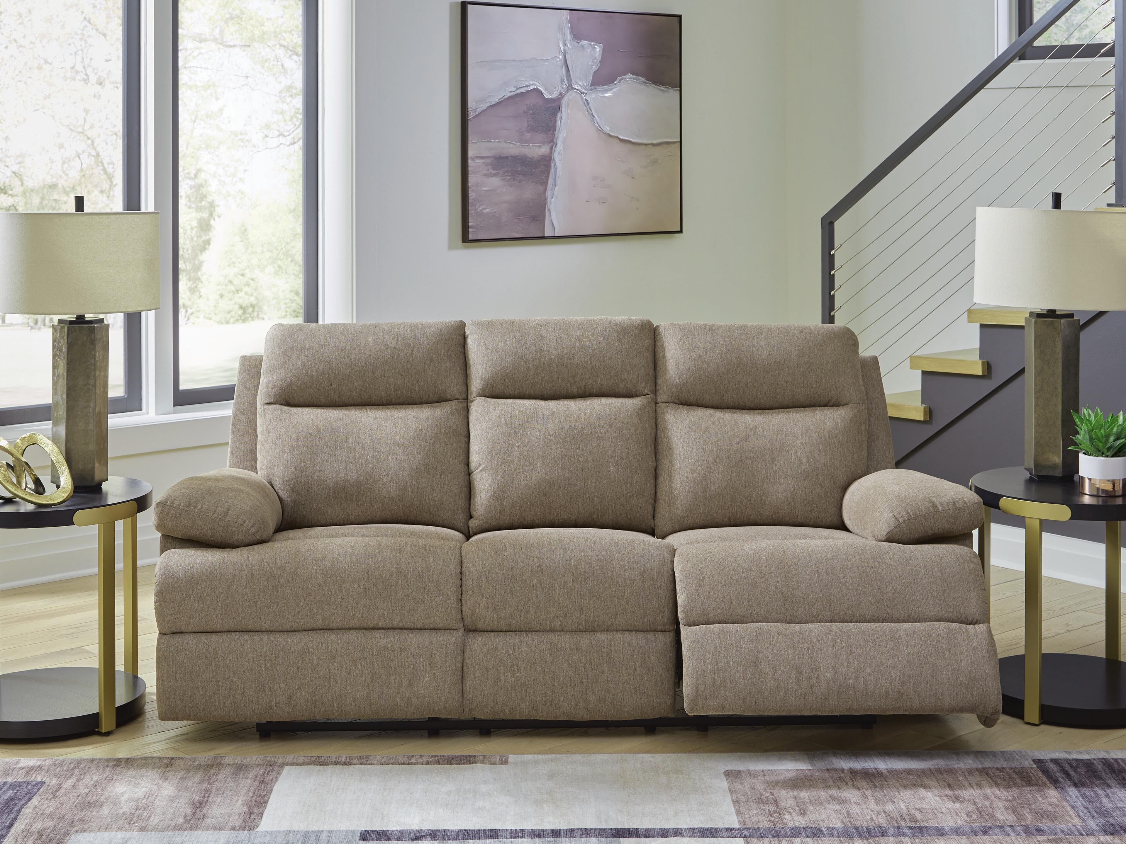 Tarrant Reclining Sofa with Drop Down Table — Brown/Beige — view 2