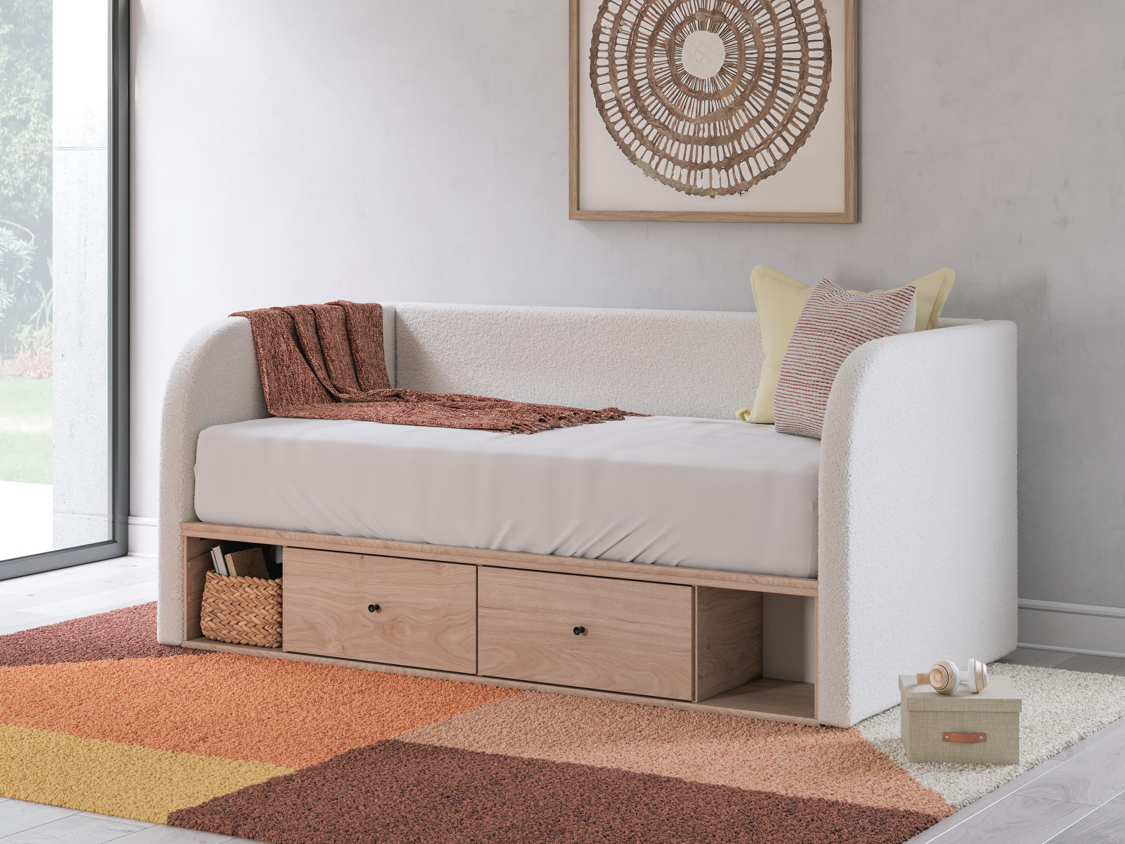 Shapella Twin Upholstered Day Bed with Storage — Brown/Beige & White — view 2