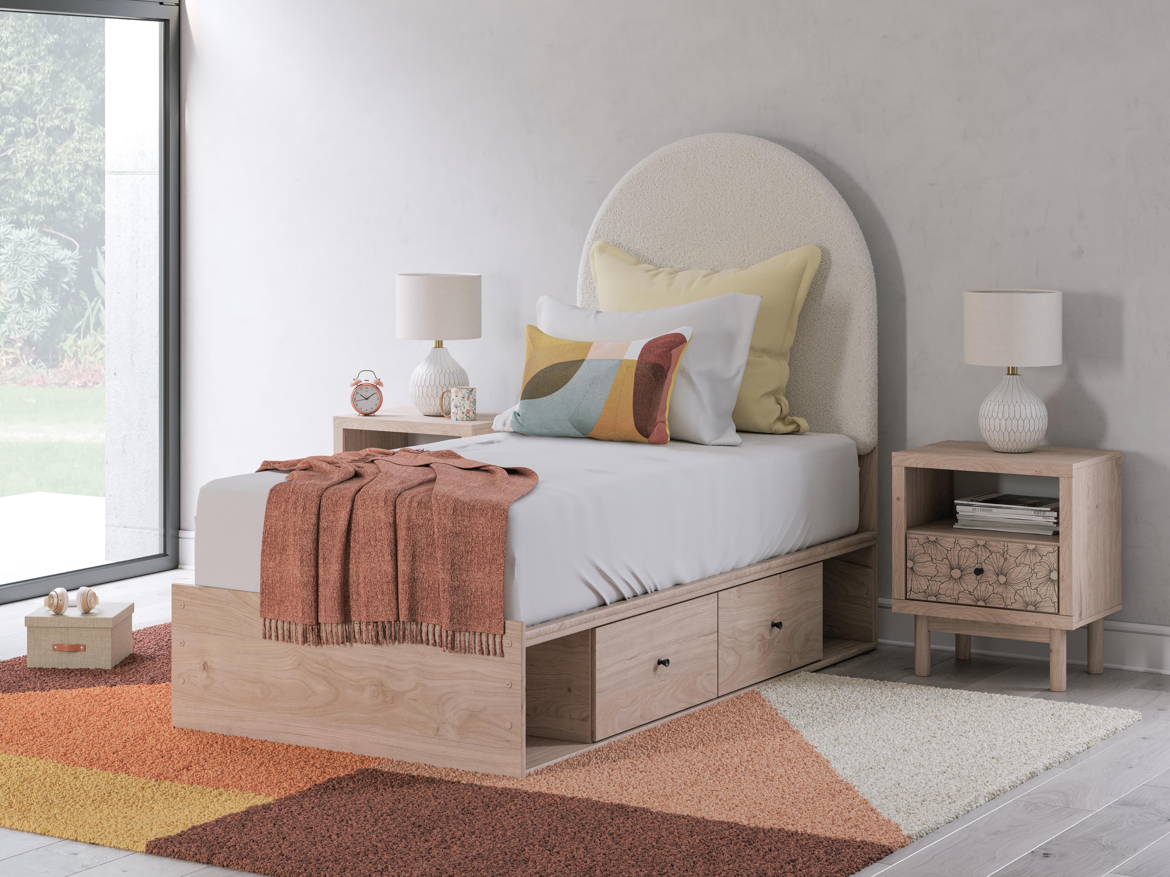Shapella Twin Upholstered Panel Bed with Storage — Brown/Beige & White — view 2