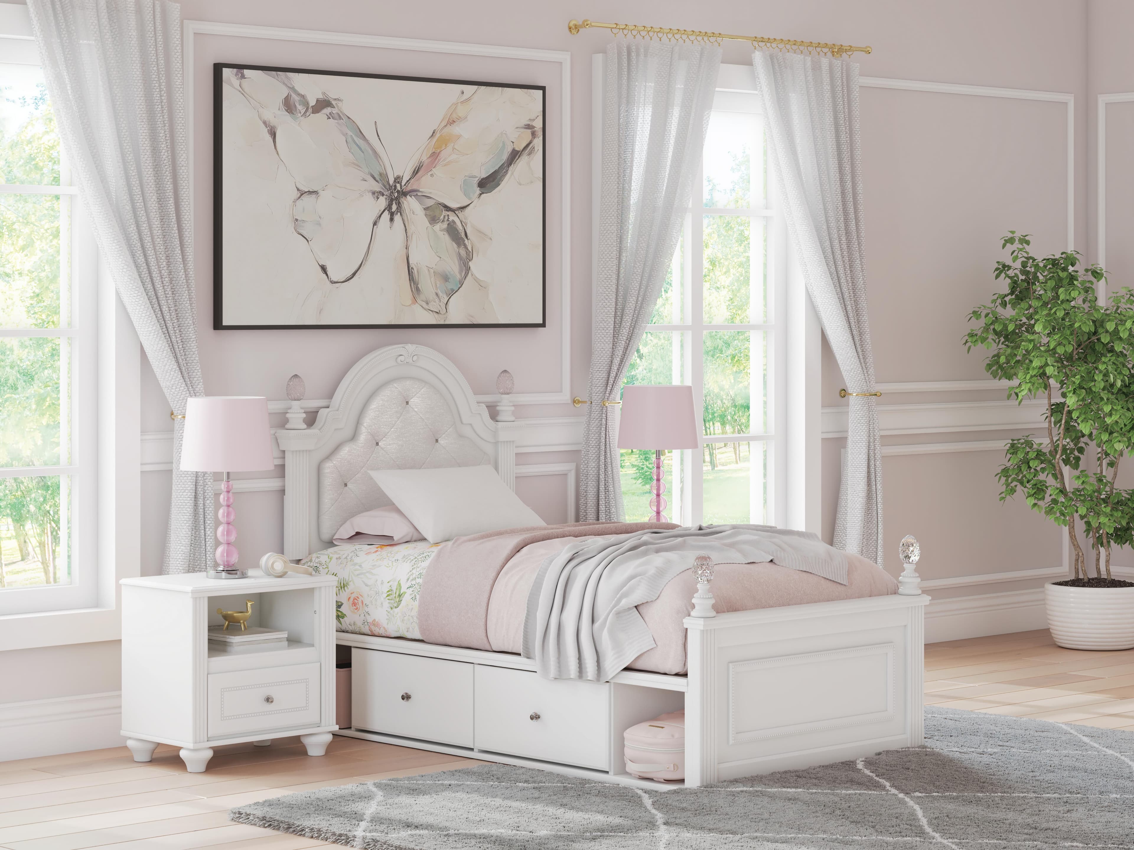 Maylilly Twin Upholstered Panel Bed with Storage — White — view 2