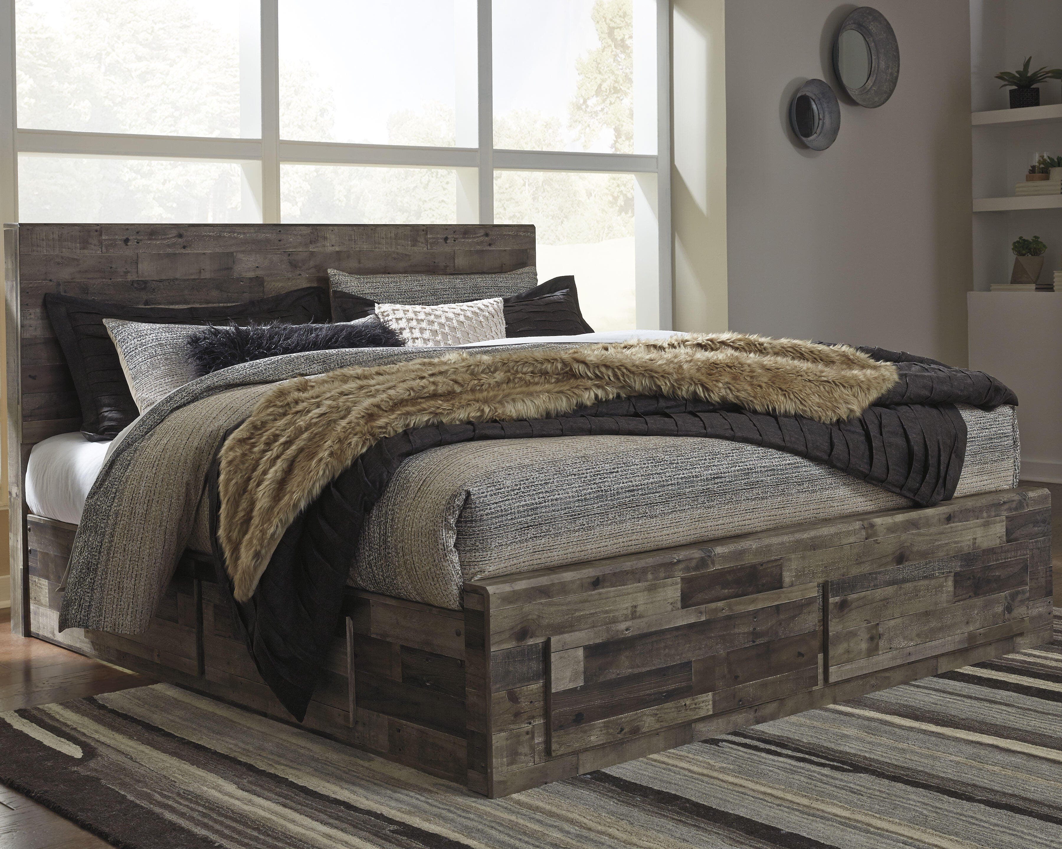 Derekson King Panel Bed with 4 Storage Drawers — Black/Gray & Brown/Beige — view 2