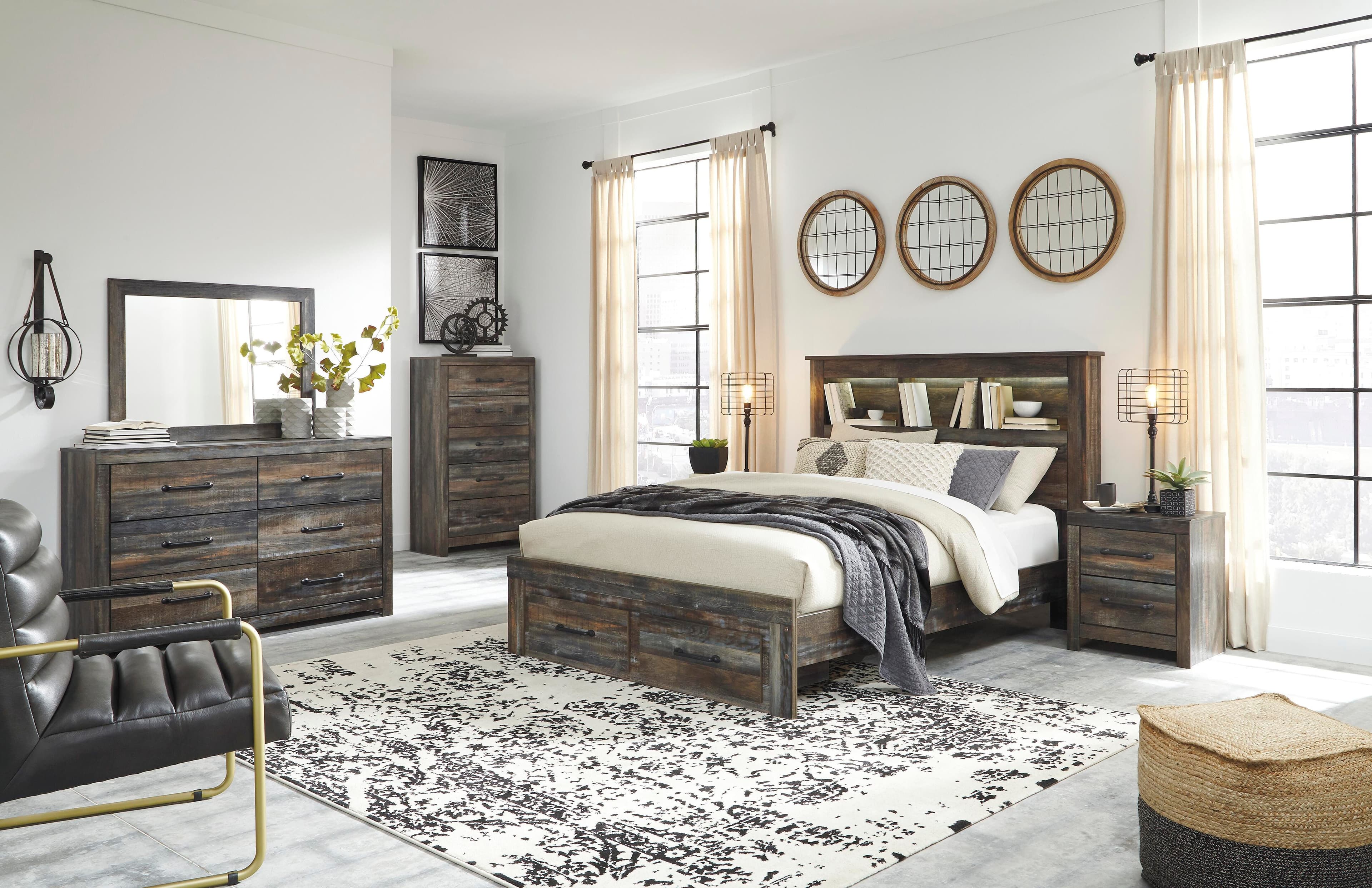 Drystan Queen Bookcase Bed with 2 Storage Drawers — Brown/Beige — view 3