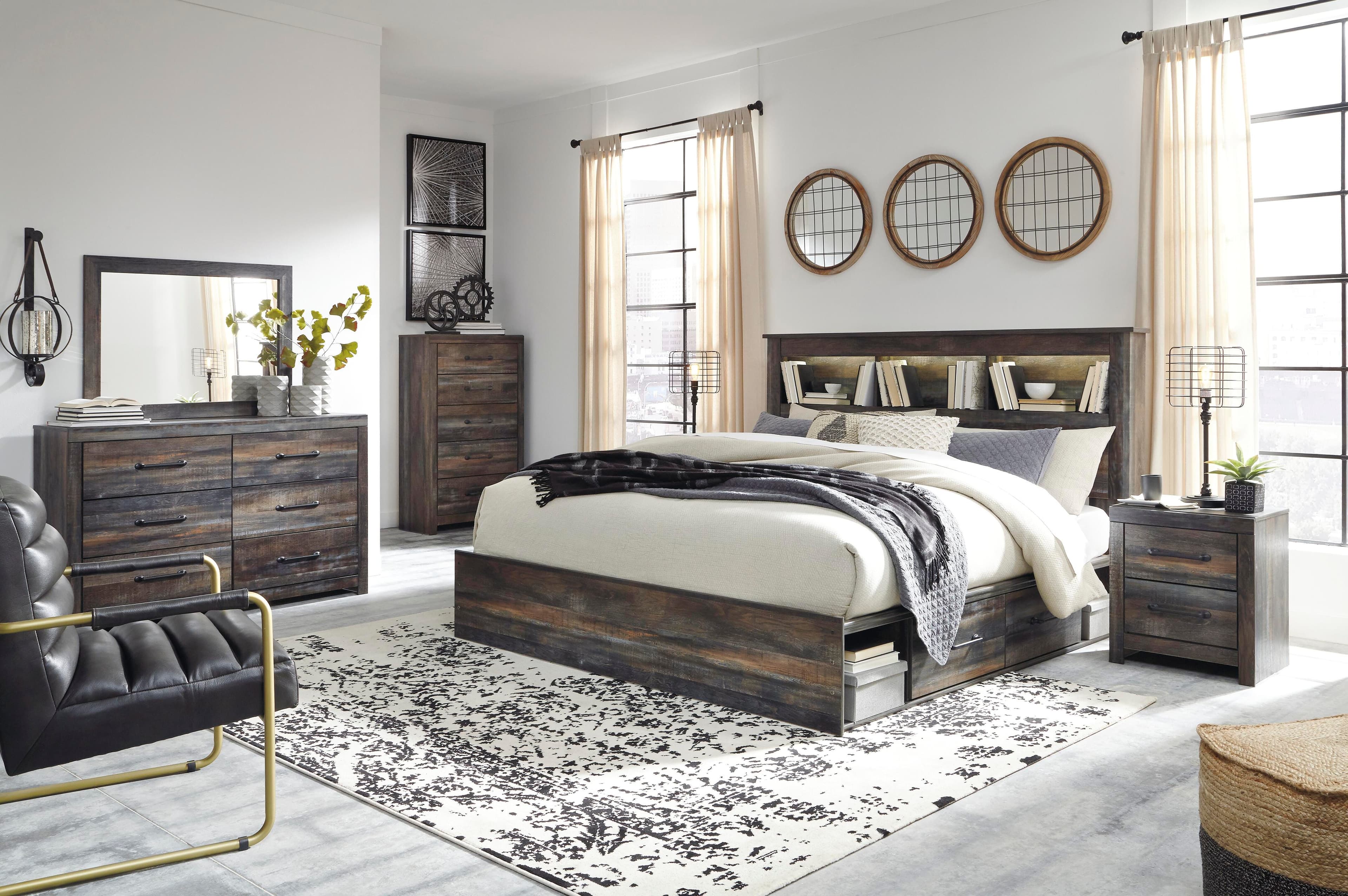 Drystan King Bookcase Bed with 2 Storage Drawers — Brown/Beige — view 4
