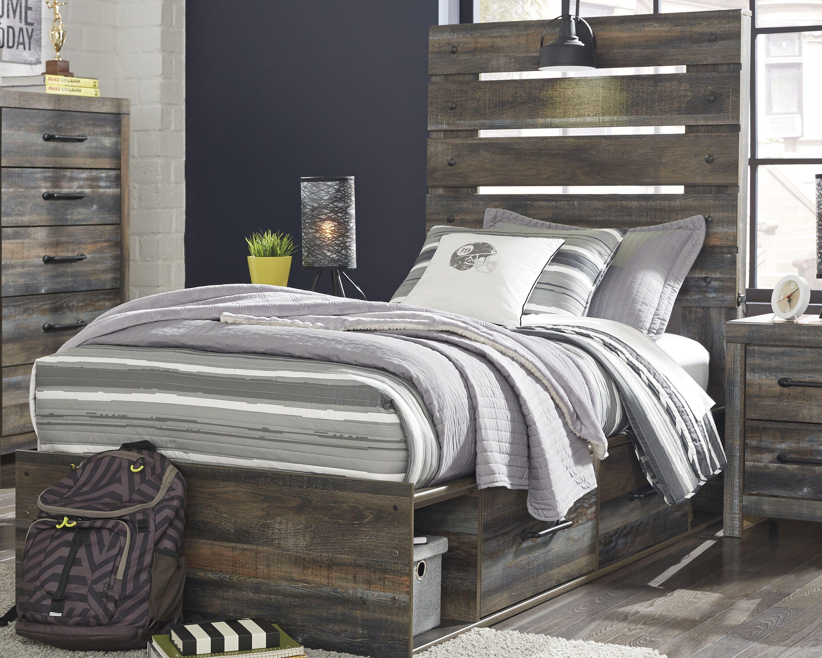 Drystan Twin Panel Bed with 4 Storage Drawers — Black/Gray — view 2