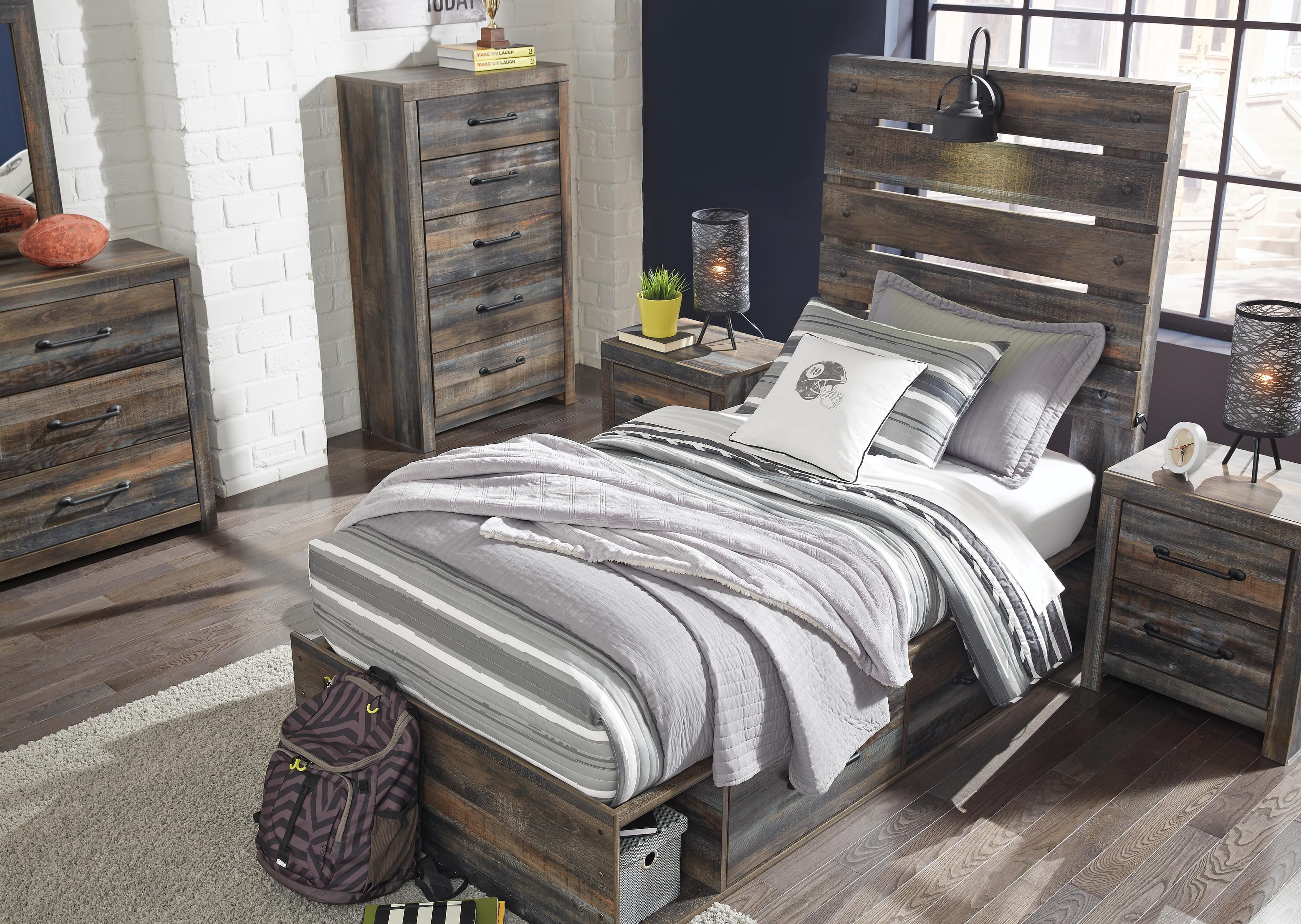 Drystan Twin Panel Bed with 2 Storage Drawers — Black/Gray — view 5