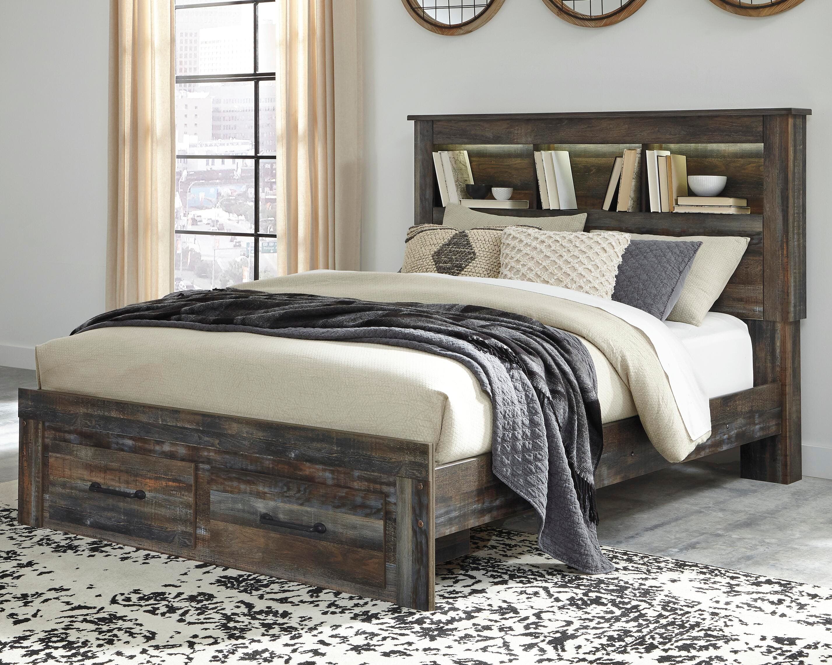 Drystan Queen Bookcase Bed with 2 Storage Drawers — Brown/Beige — view 2