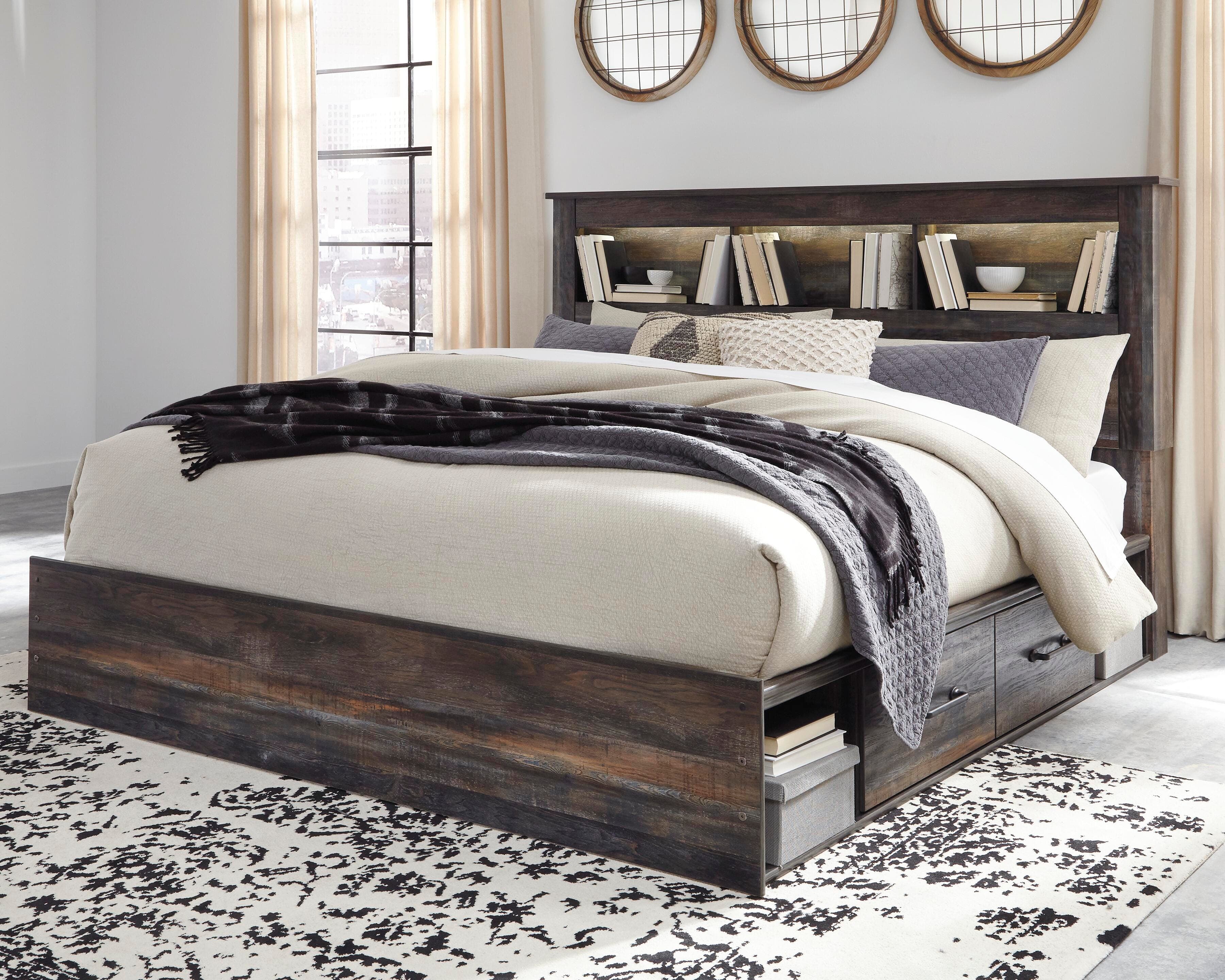 Drystan King Bookcase Bed with 2 Storage Drawers — Brown/Beige — view 2