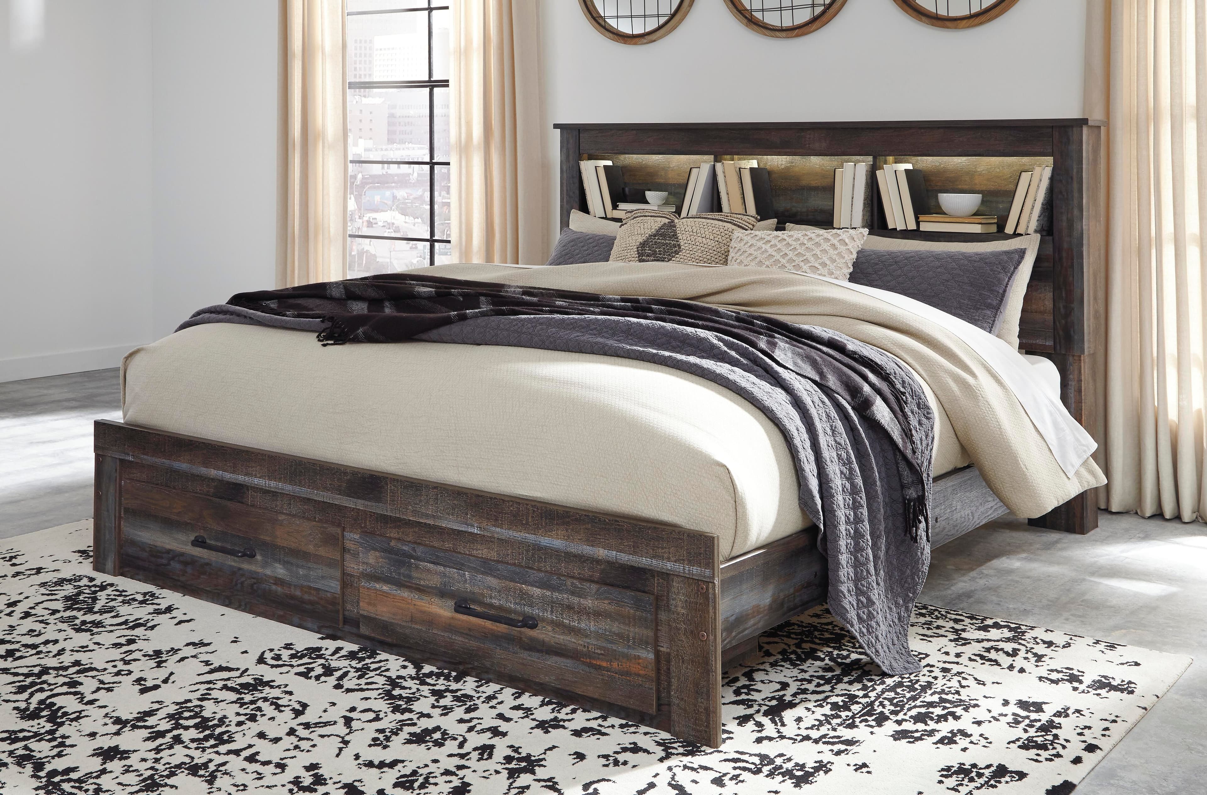 Drystan King Bookcase Bed with 2 Storage Drawers — Brown/Beige — view 2
