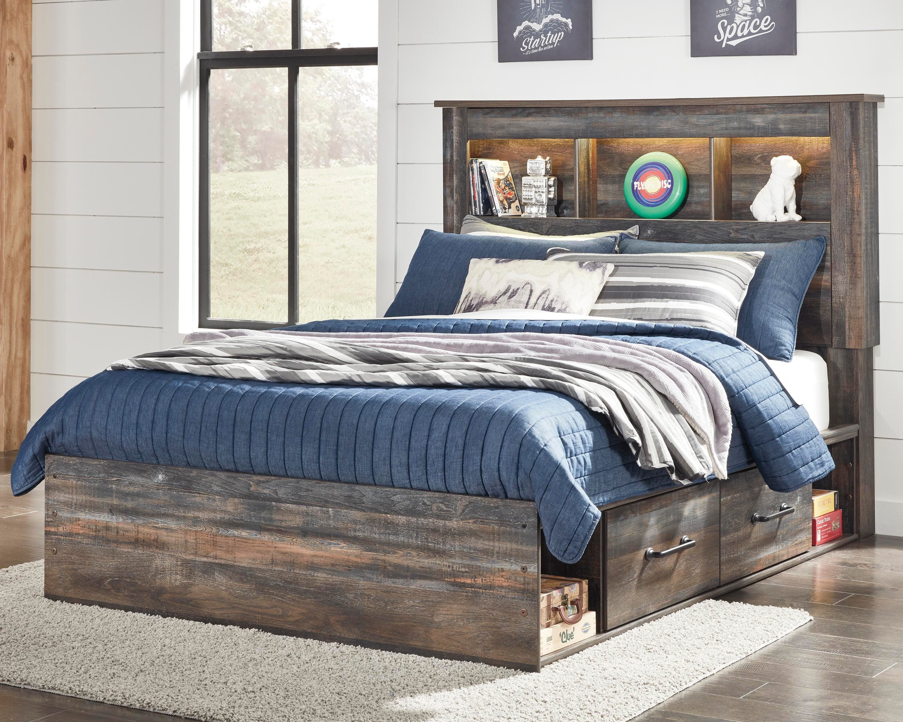 Drystan Full Bookcase Bed with 2 Storage Drawers — Black/Gray — view 2