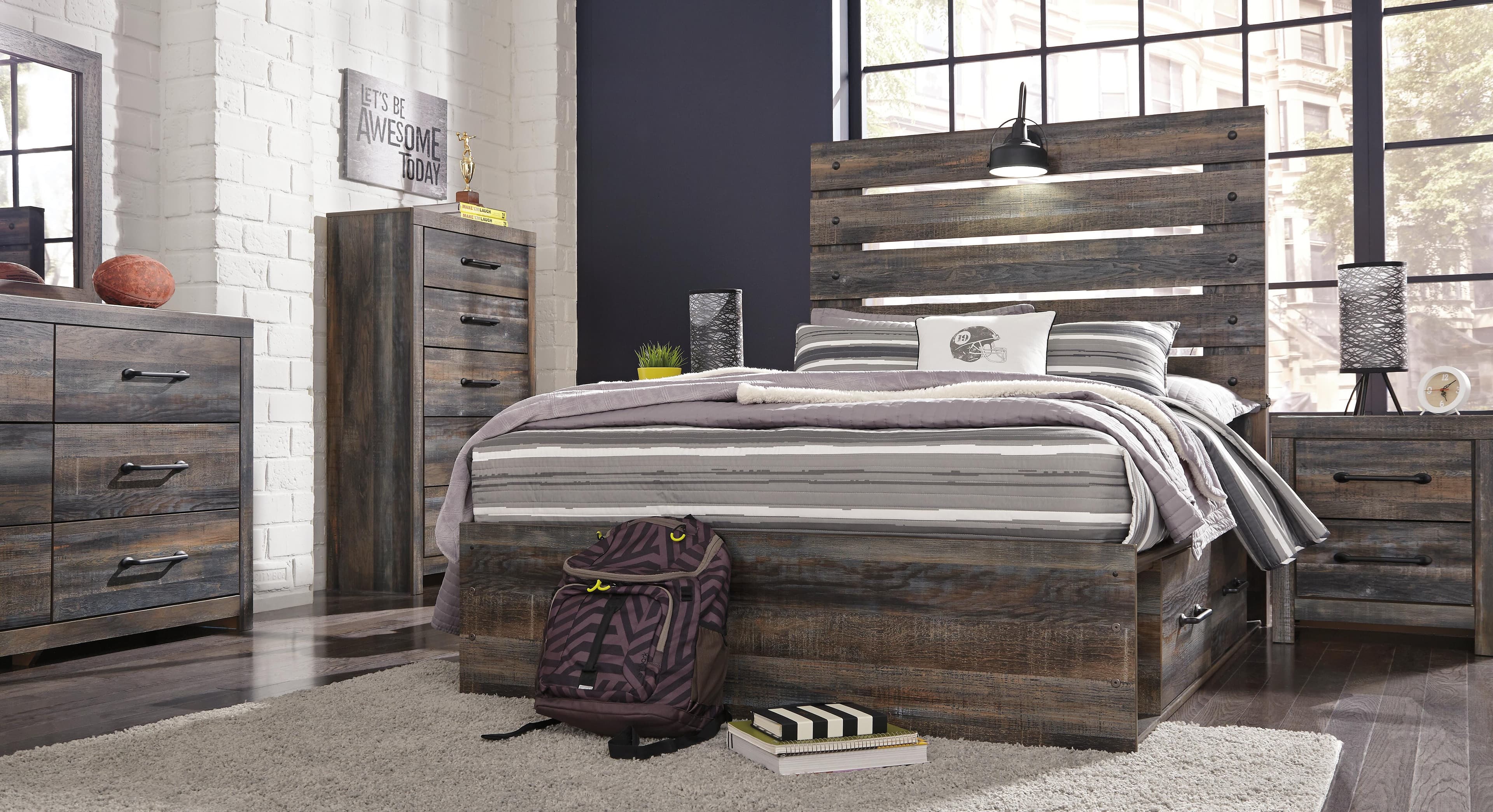 Drystan Full Panel Bed with 2 Storage Drawers — Black/Gray — view 3