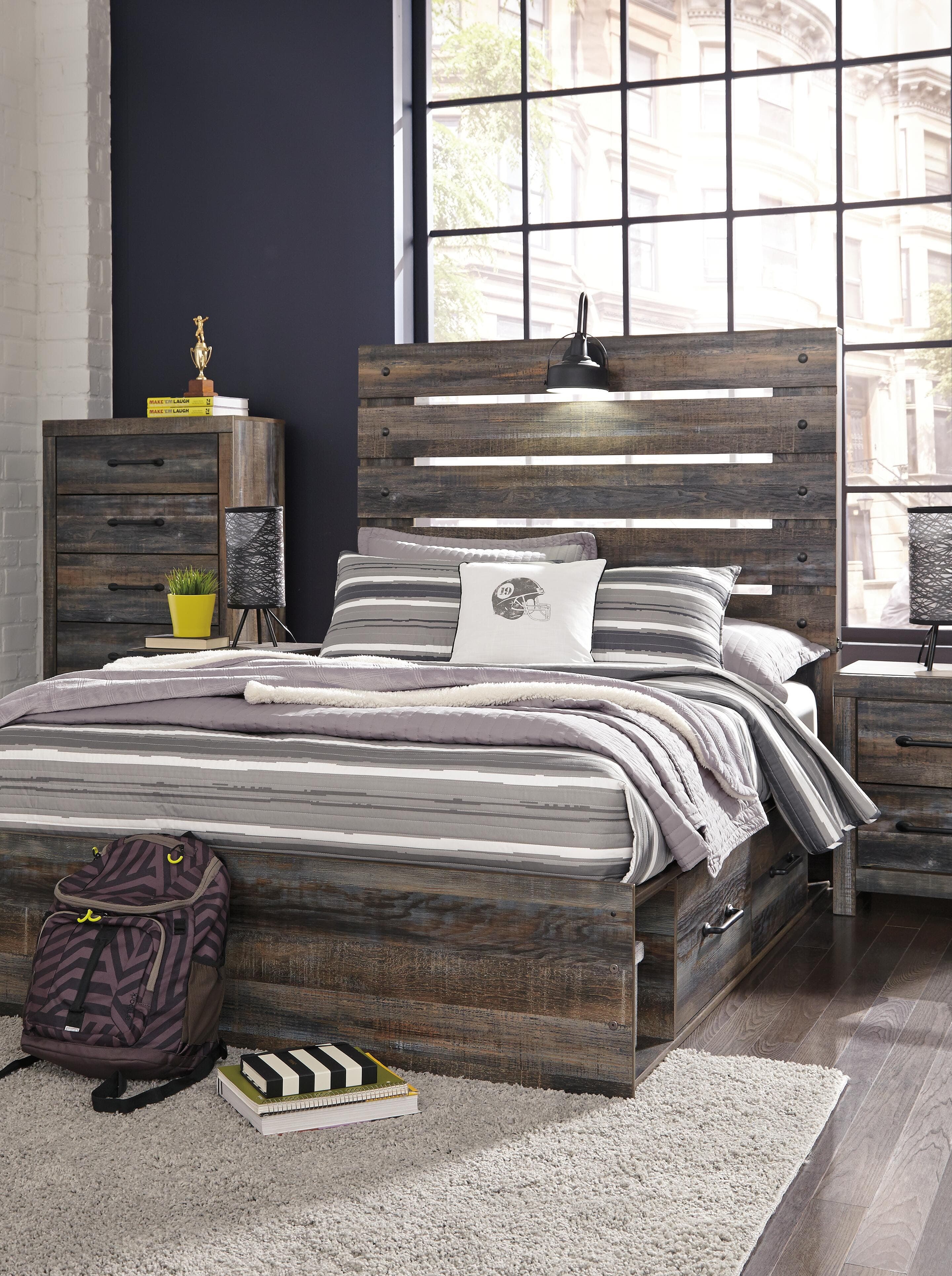 Drystan Full Panel Bed with 2 Storage Drawers — Black/Gray — view 5