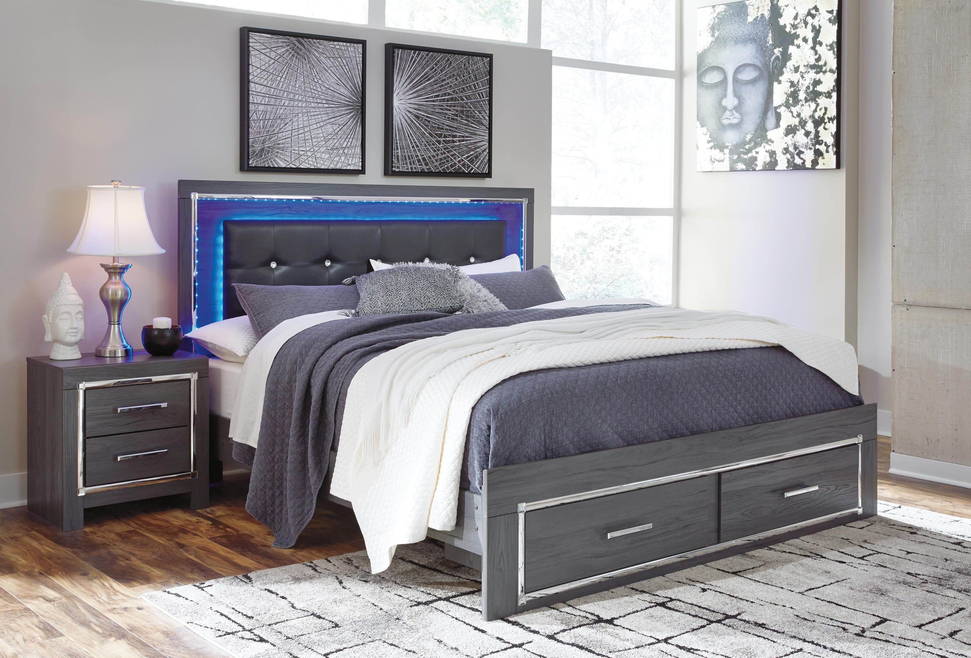 Lodanna King Panel Bed with 2 Storage Drawers — Black/Gray — view 2