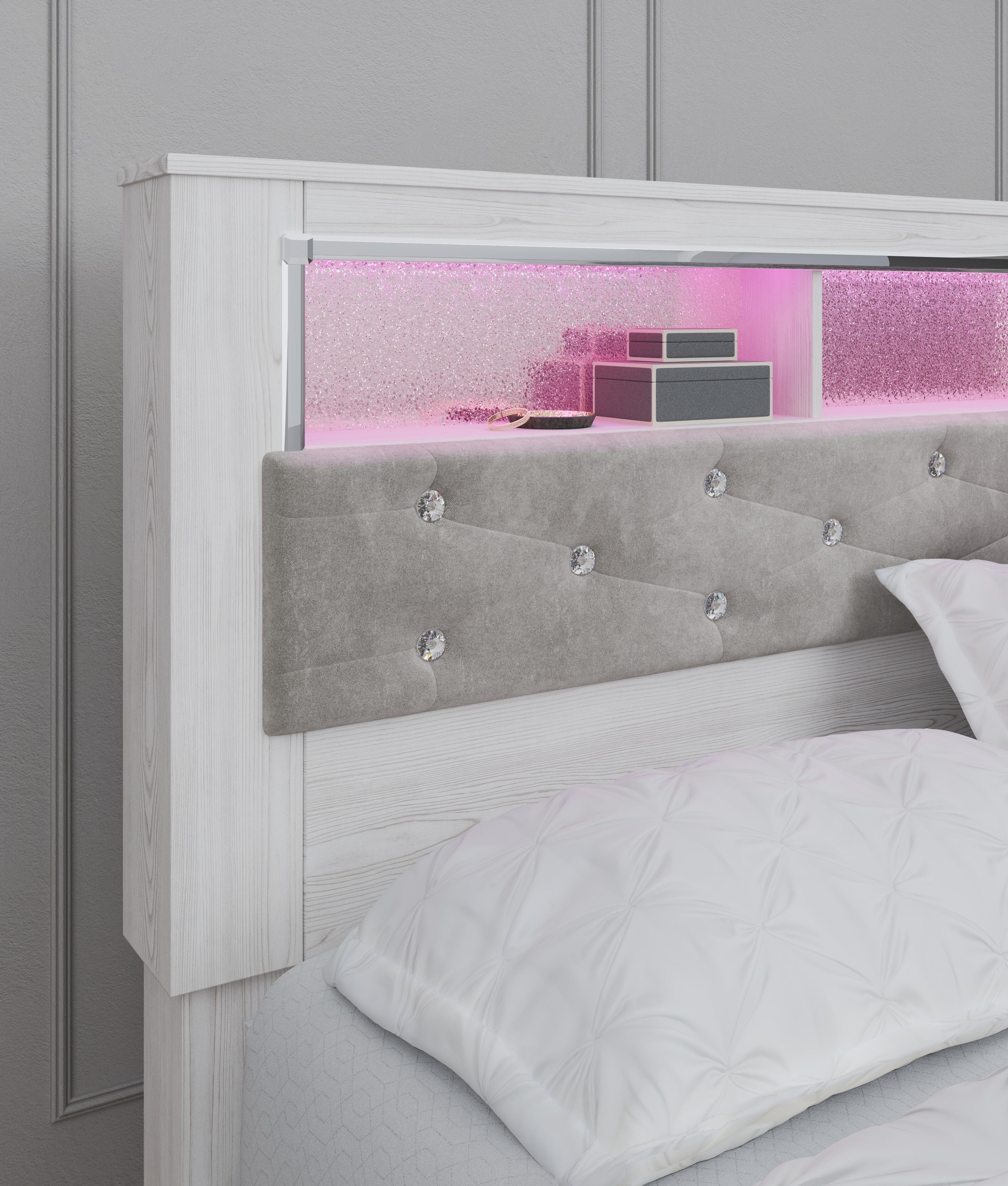 Altyra King Upholstered Panel Bookcase Headboard — White — view 3