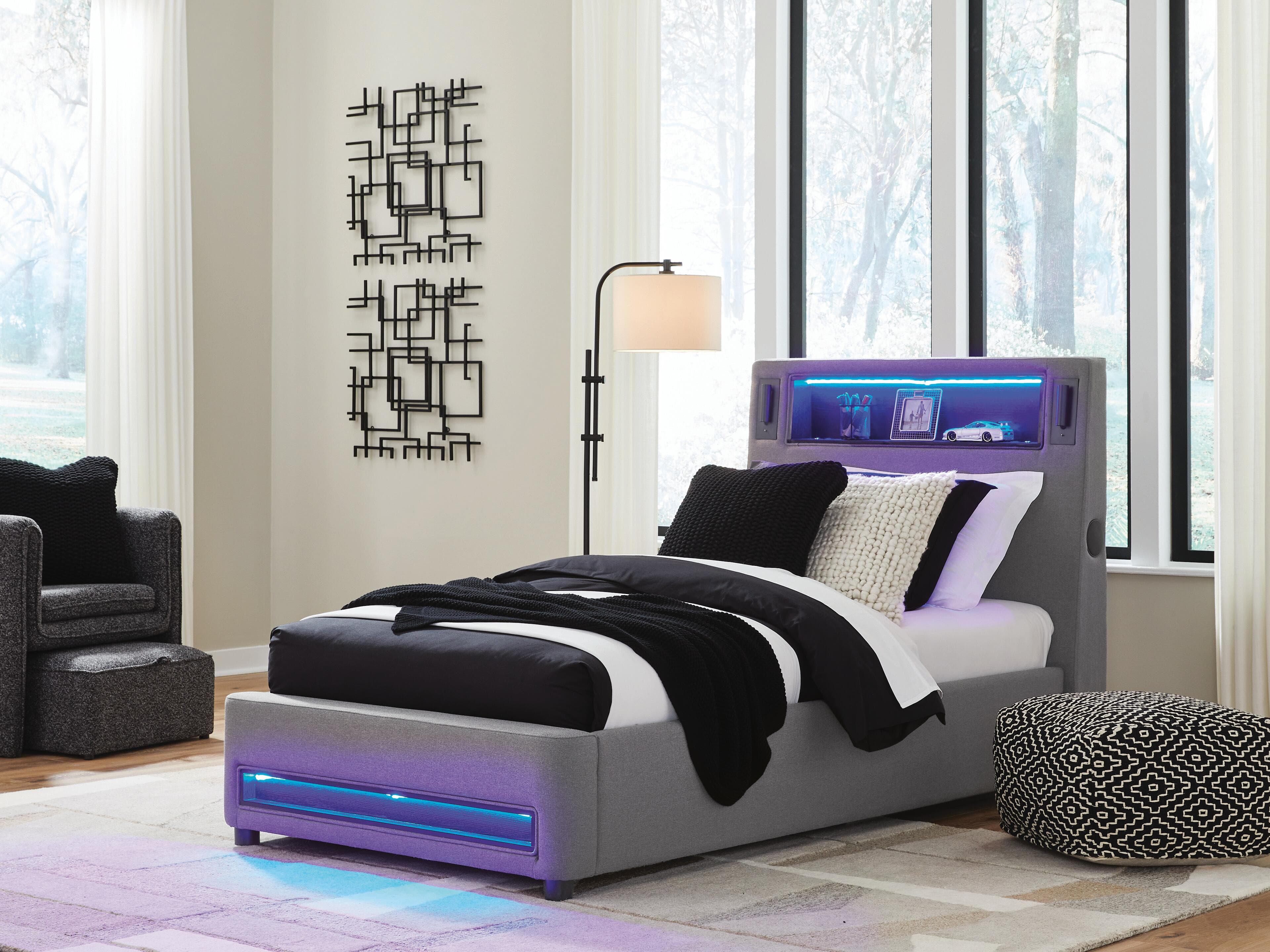 Cayberry Twin Upholstered Bed with Wireless Audio — Gray — view 7