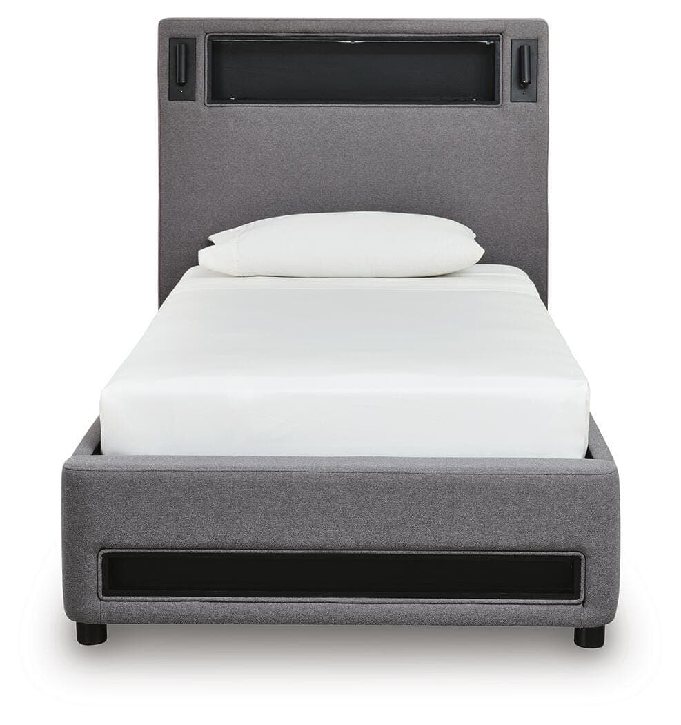 Cayberry Twin Upholstered Bed with Wireless Audio — Gray — view 4