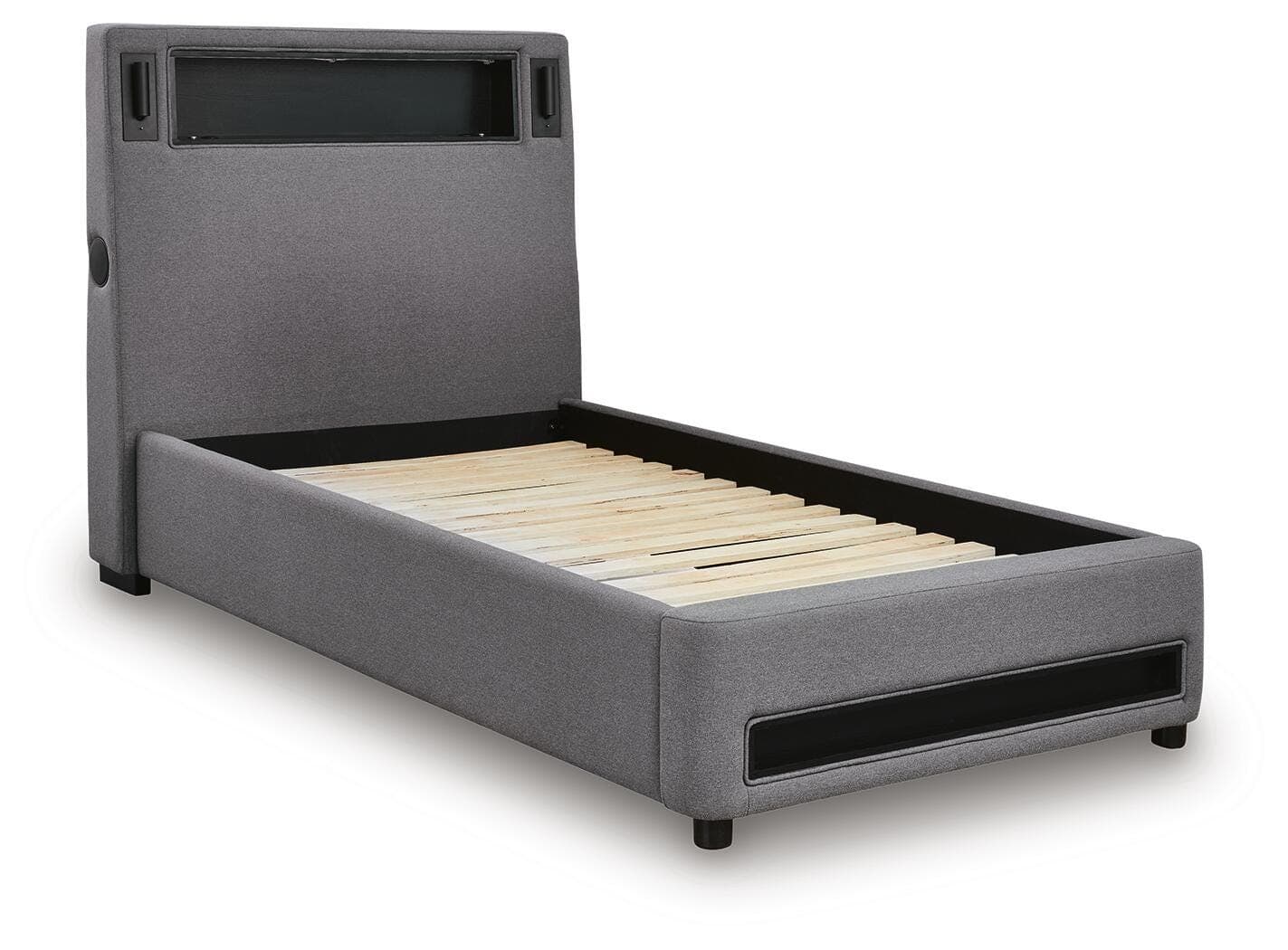 Cayberry Twin Upholstered Bed with Wireless Audio — Gray — view 3