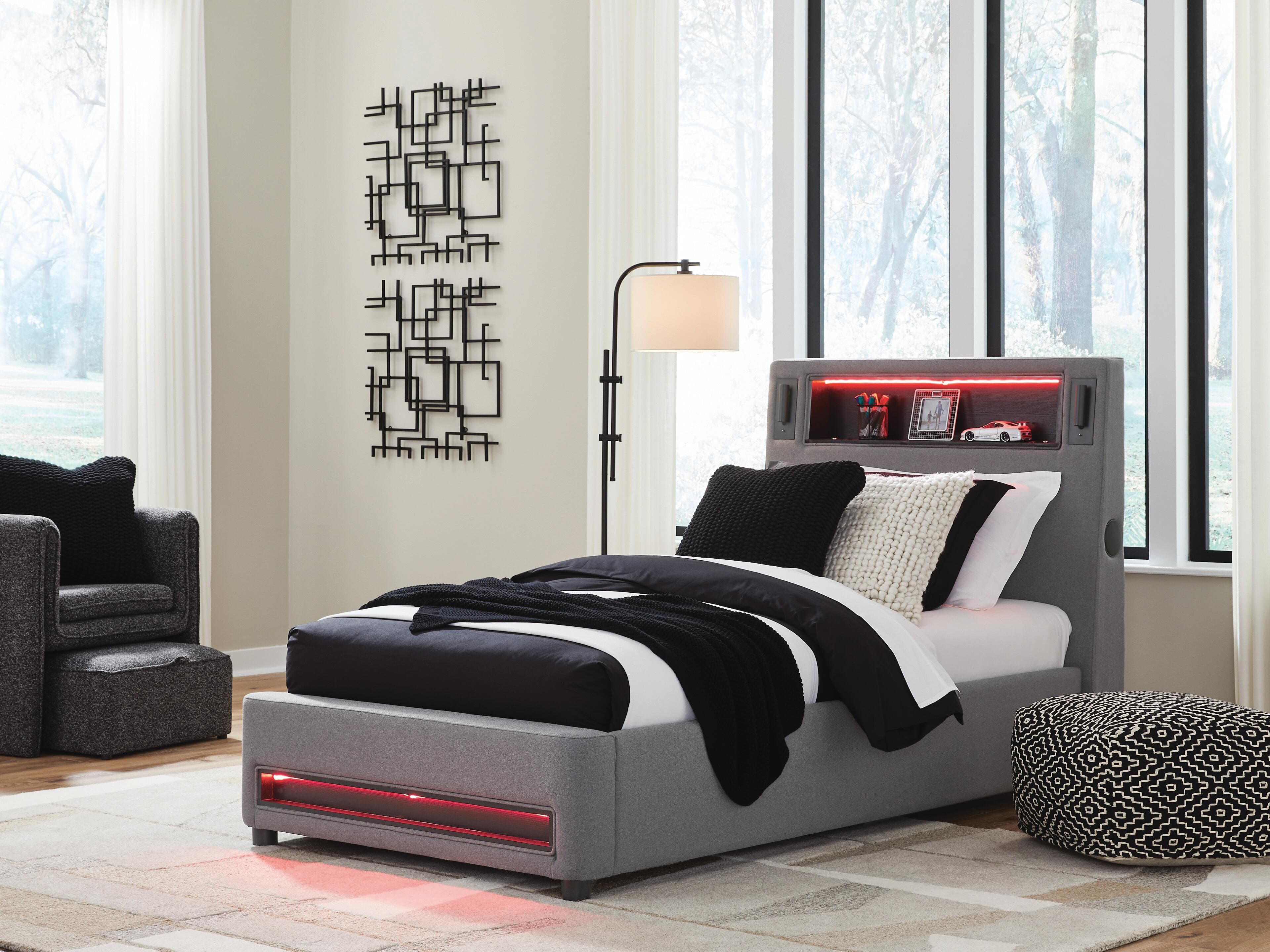 Cayberry Twin Upholstered Bed with Wireless Audio — Gray — view 8