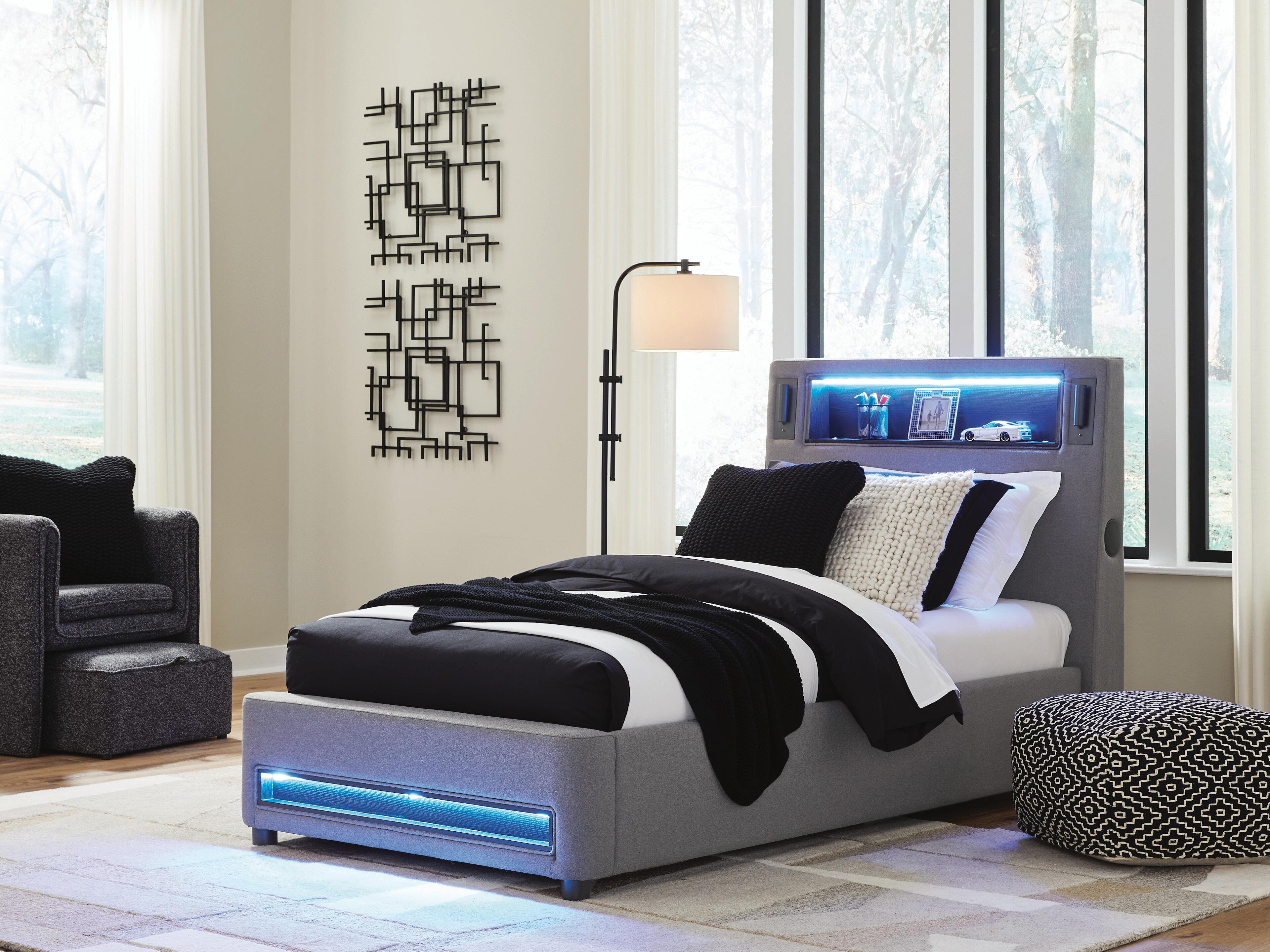 Cayberry Twin Upholstered Bed with Wireless Audio — Gray — view 2
