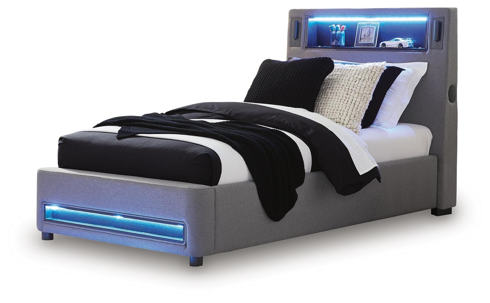 Cayberry Twin Upholstered Bed with Wireless Audio — Gray — view 6