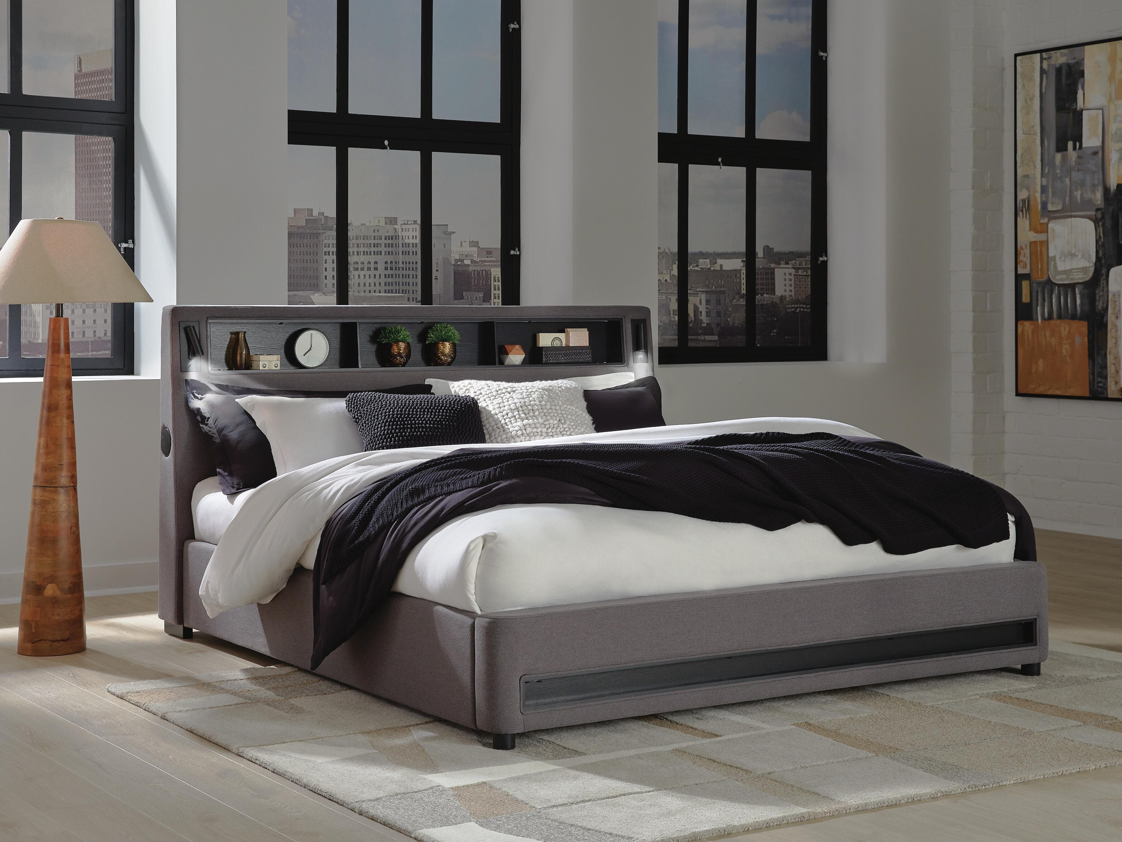 Cayberry California King Upholstered Bed with Wireless Audio — Gray — view 2