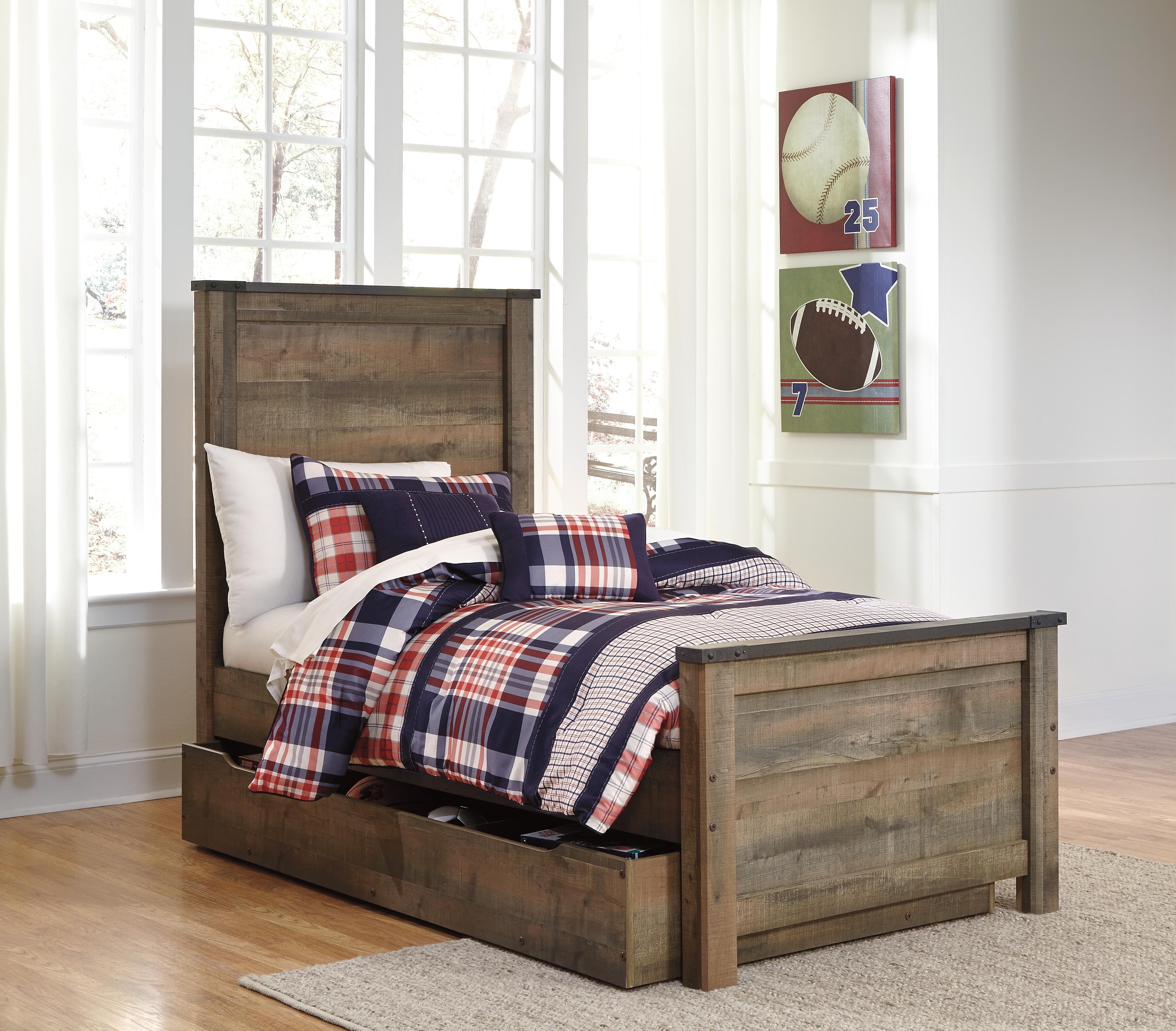 Trinell Twin Panel Bed with 1 Large Storage Drawer — Brown/Beige — view 4