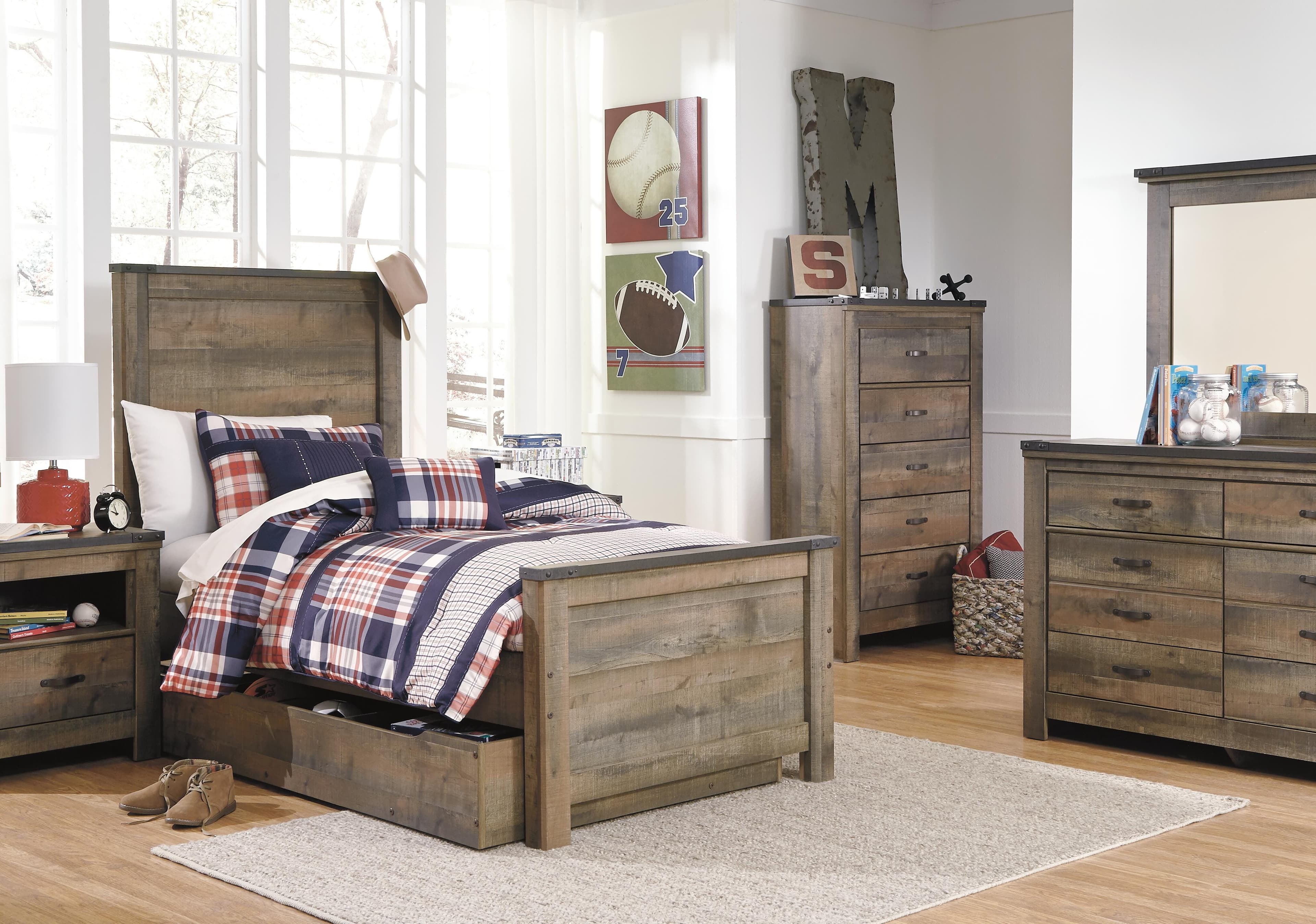 Trinell Twin Panel Bed with 1 Large Storage Drawer — Brown/Beige — view 7