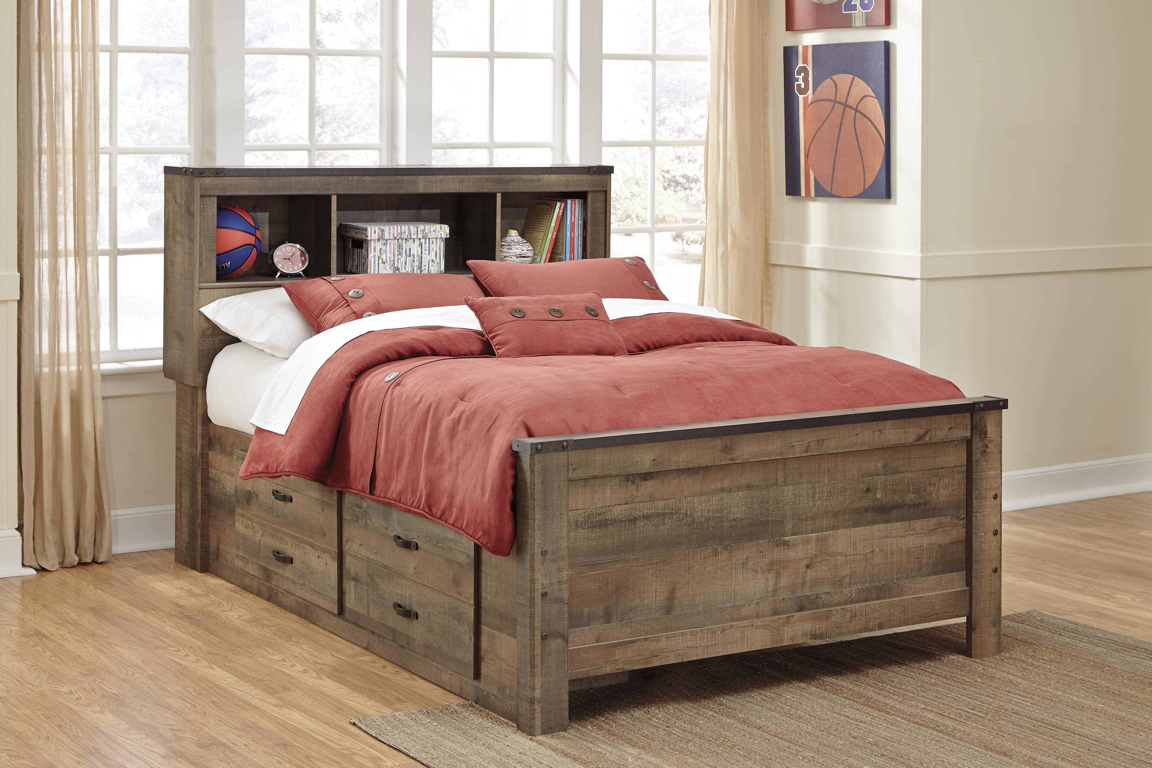 Trinell Full Bookcase Bed with 2 Storage Drawers — Brown/Beige — view 4