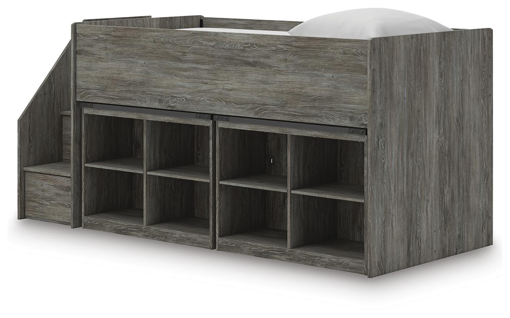 Frandern Twin Loft Bed with Bookcase Storage — Warm Gray — view 2