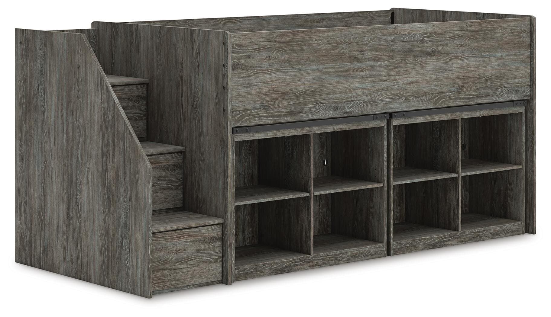 Frandern Twin Loft Bed with Bookcase Storage — Warm Gray — view 3