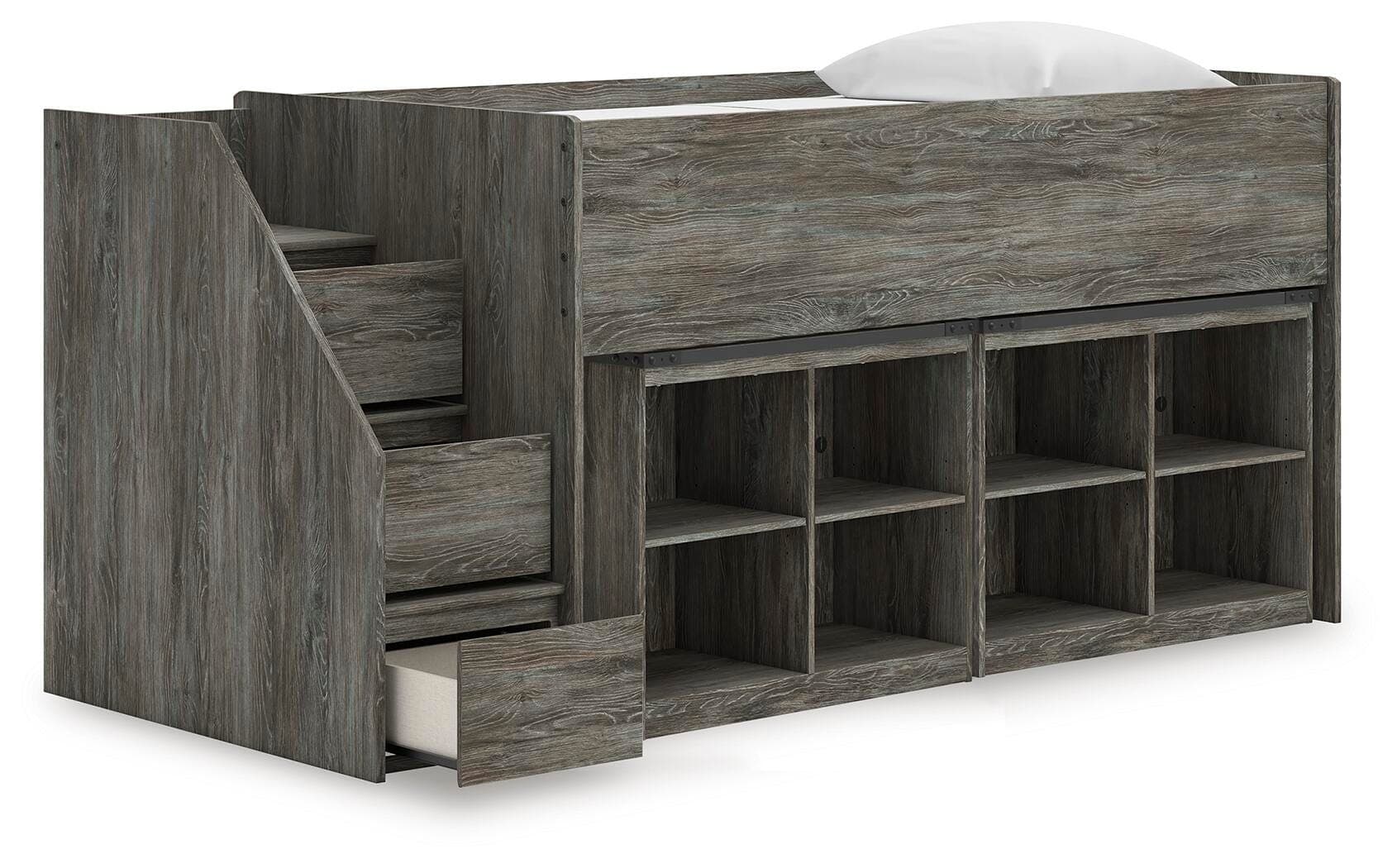 Frandern Twin Loft Bed with Bookcase Storage — Warm Gray — view 4
