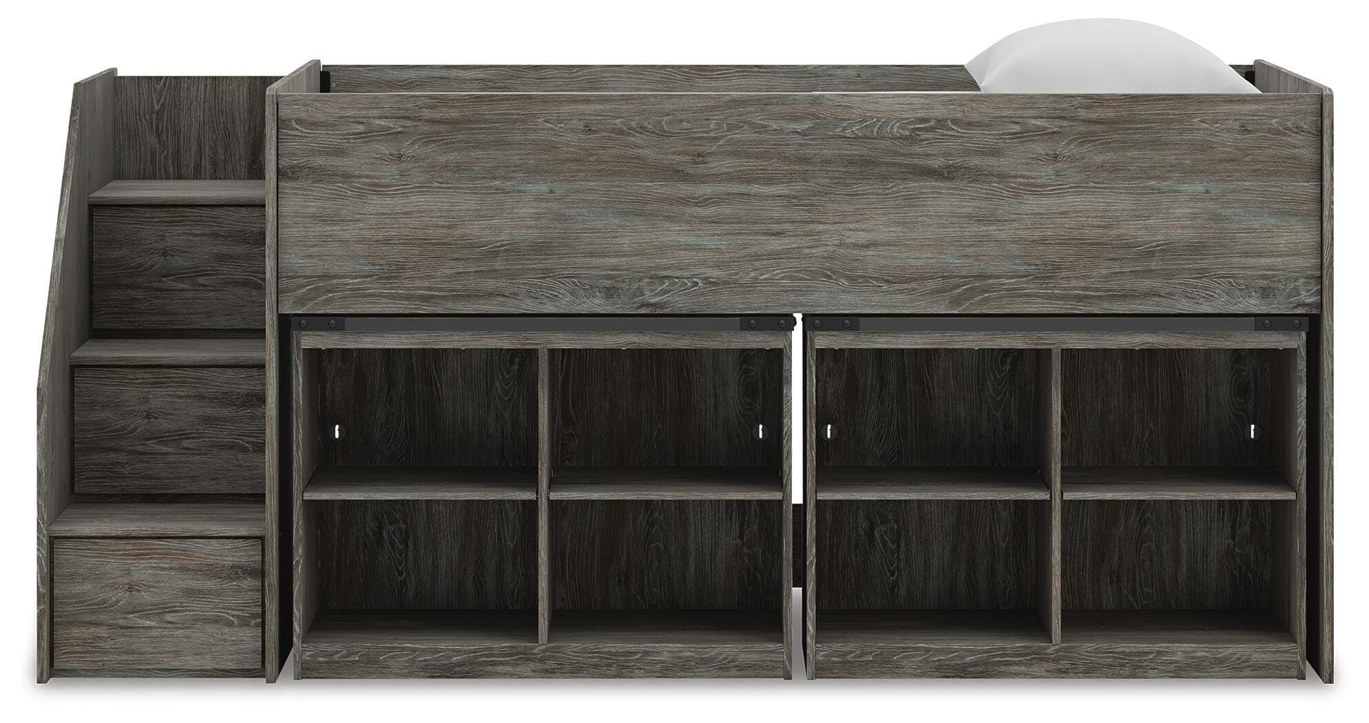 Frandern Twin Loft Bed with Bookcase Storage — Warm Gray — view 5
