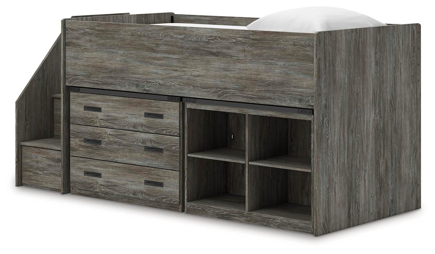 Frandern Twin Loft Bed with Bookcase and Drawer Storage — Gray — view 5