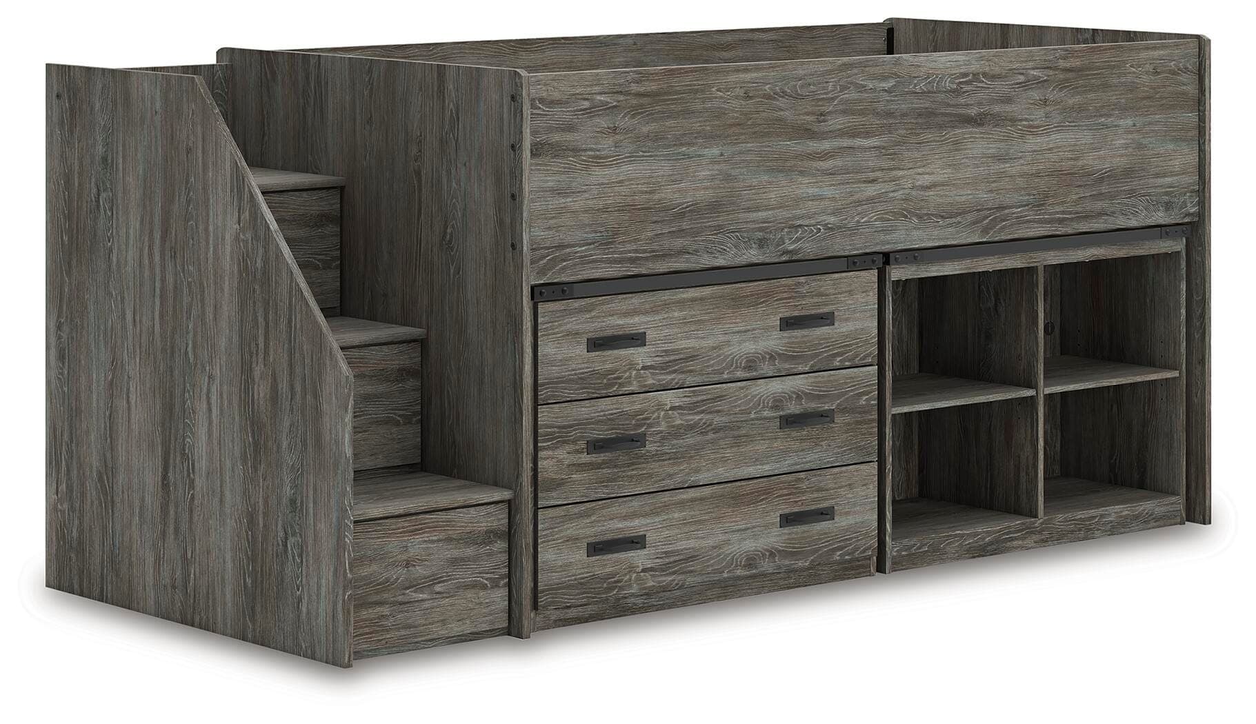 Frandern Twin Loft Bed with Bookcase and Drawer Storage — Gray — view 3