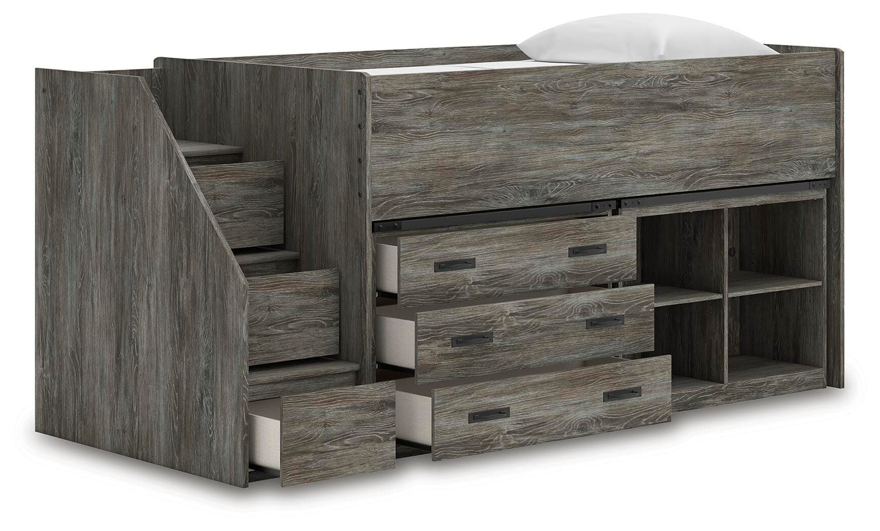 Frandern Twin Loft Bed with Bookcase and Drawer Storage — Gray — view 4