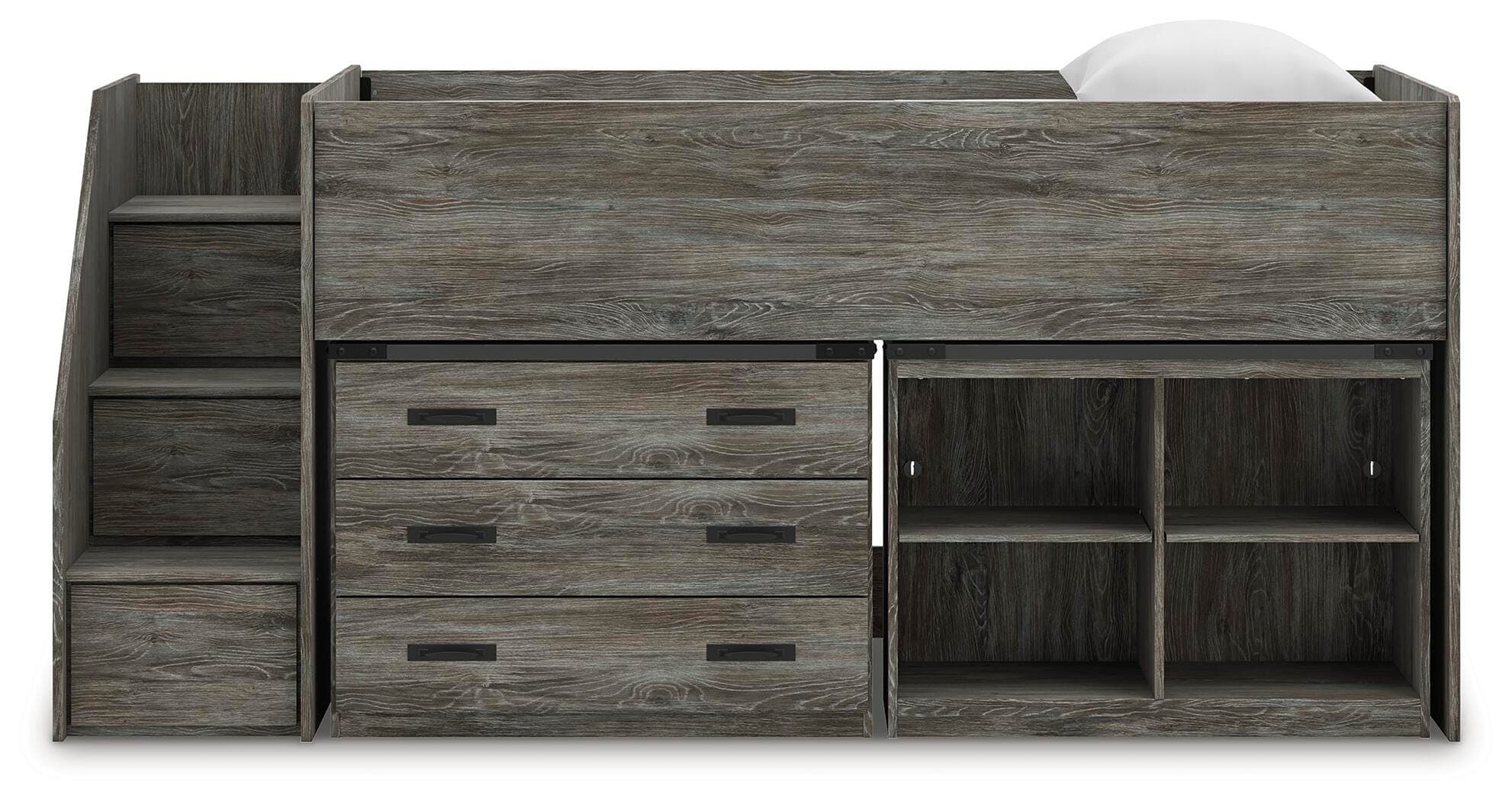 Frandern Twin Loft Bed with Bookcase and Drawer Storage — Gray — view 7