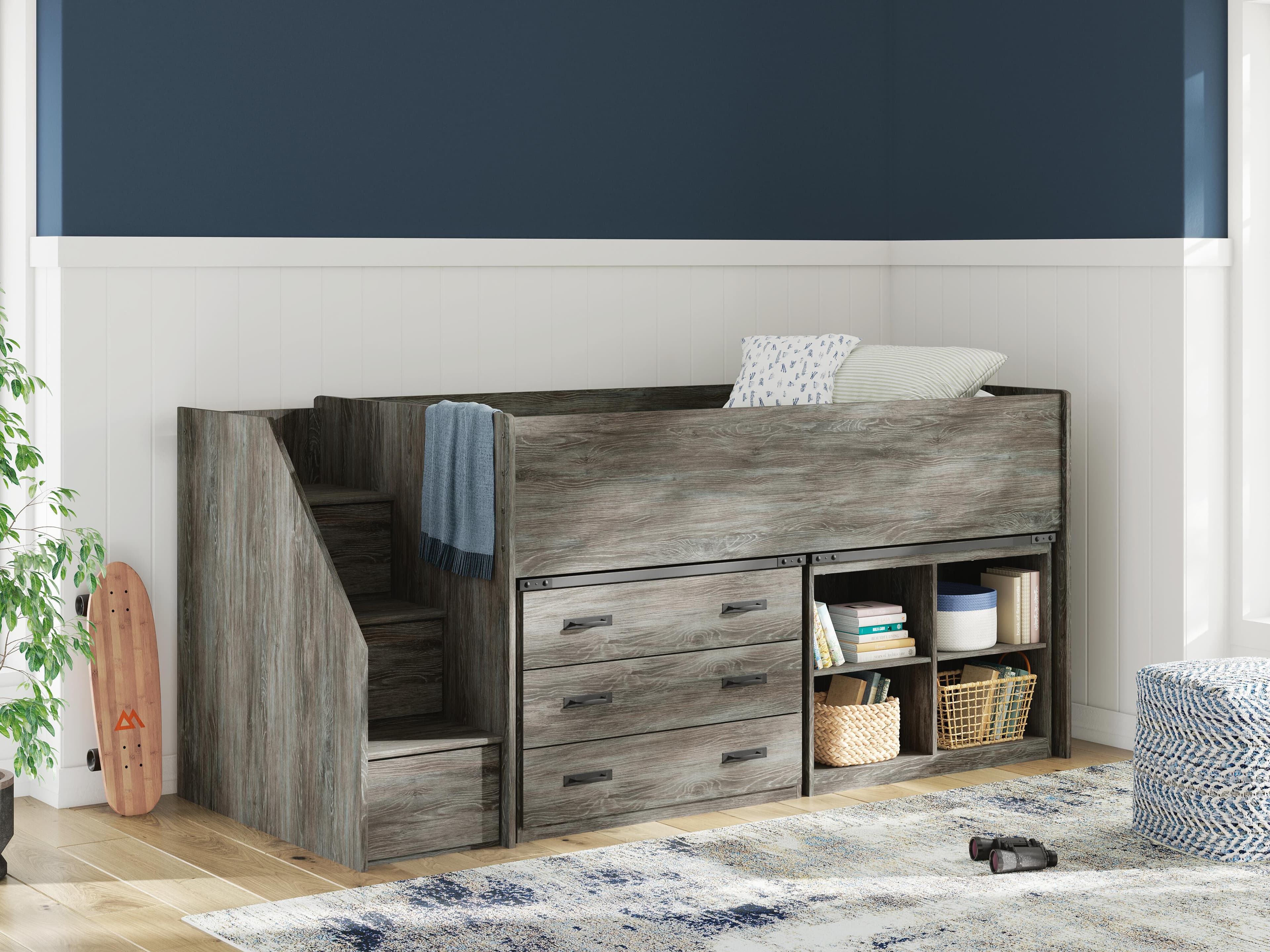Frandern Twin Loft Bed with Bookcase and Drawer Storage — Gray — view 2