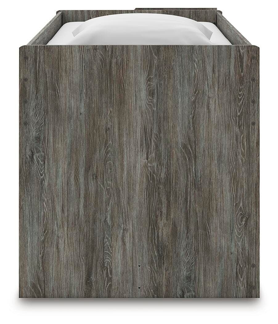 Frandern Twin Loft Bed with Bookcase and Drawer Storage — Gray — view 8