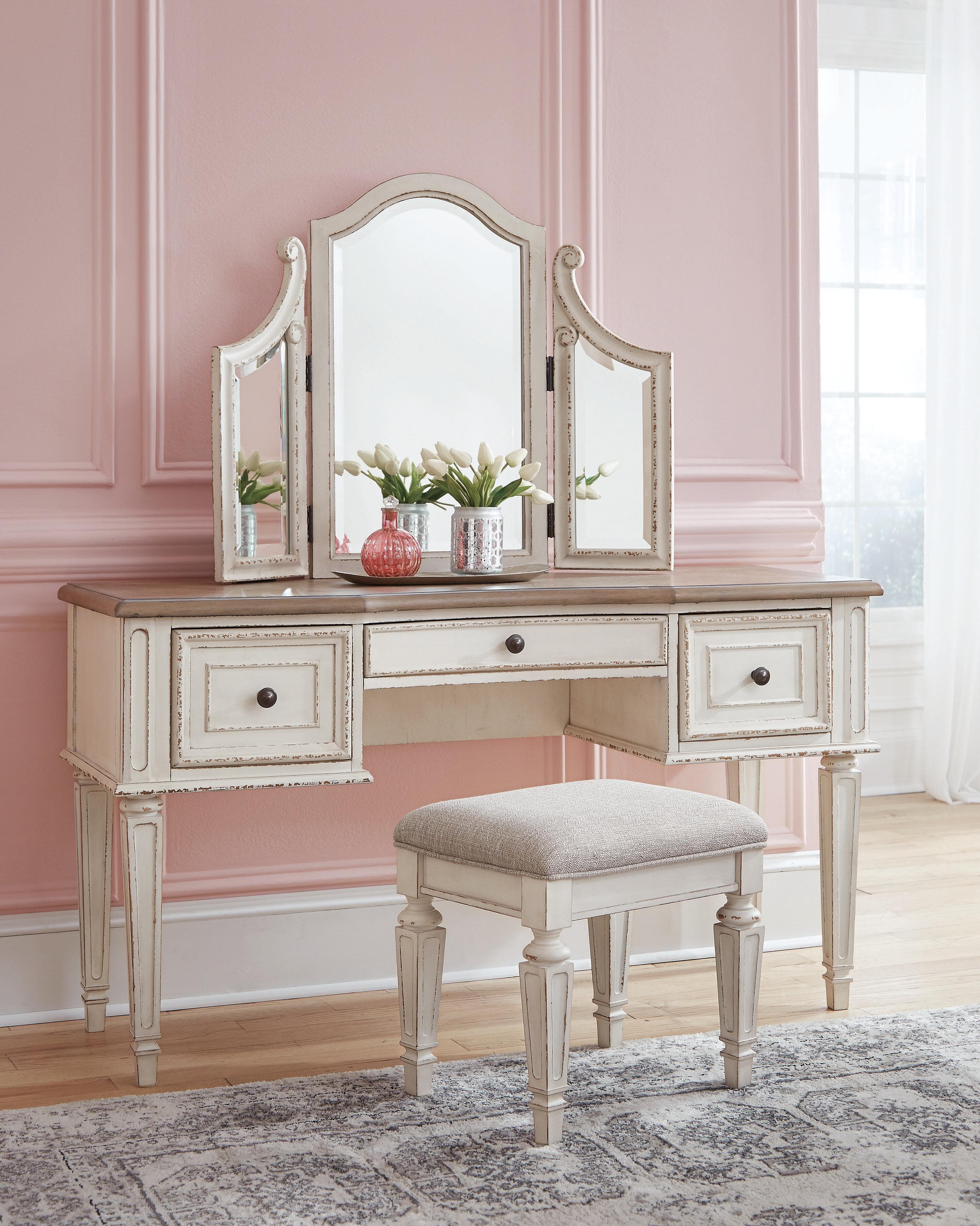 Realyn Vanity and Mirror with Stool — White & Brown/Beige — view 2