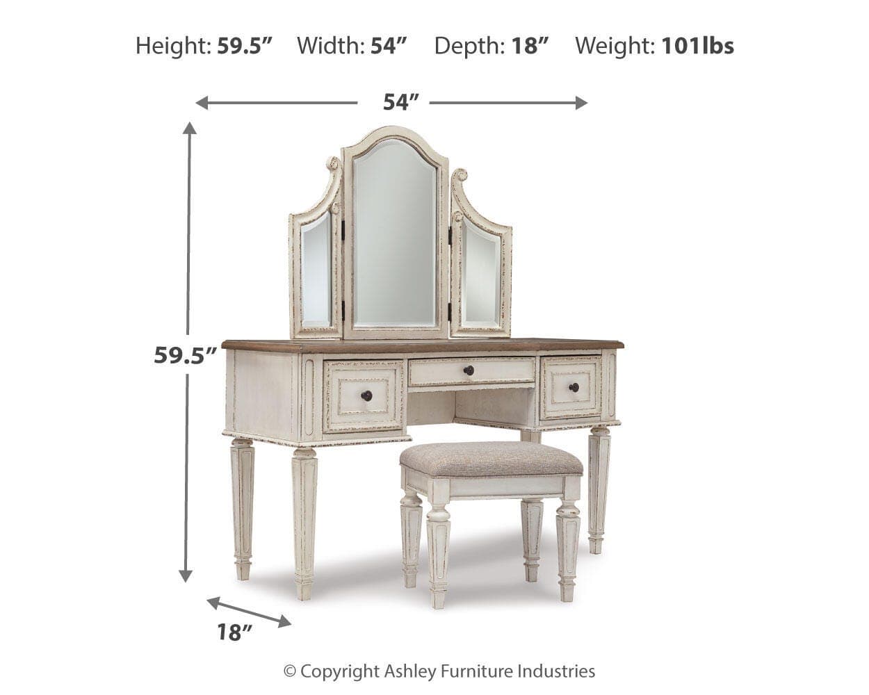 Realyn Vanity and Mirror with Stool — White & Brown/Beige — view 4