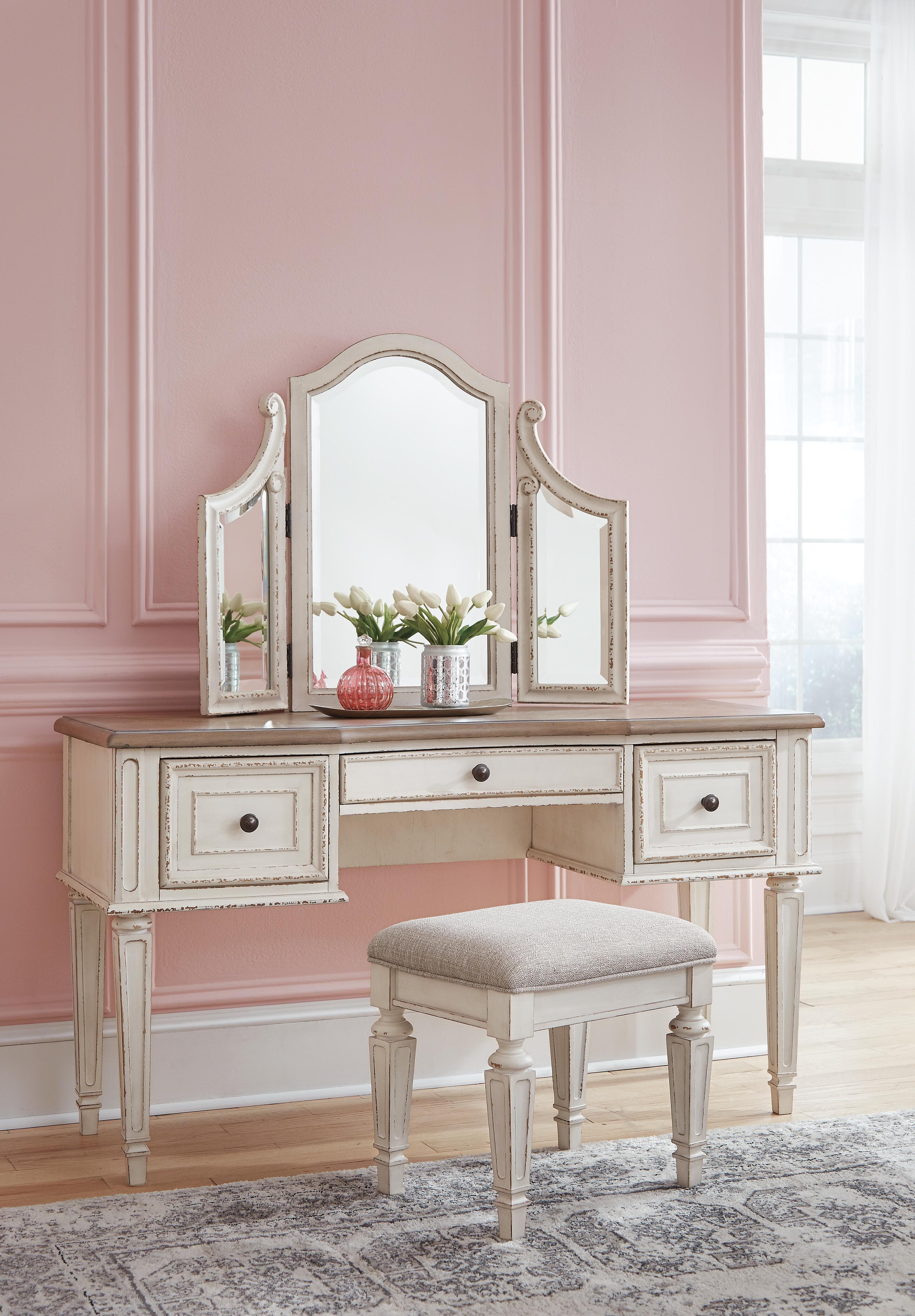 Realyn Vanity and Mirror with Stool — White & Brown/Beige — view 3