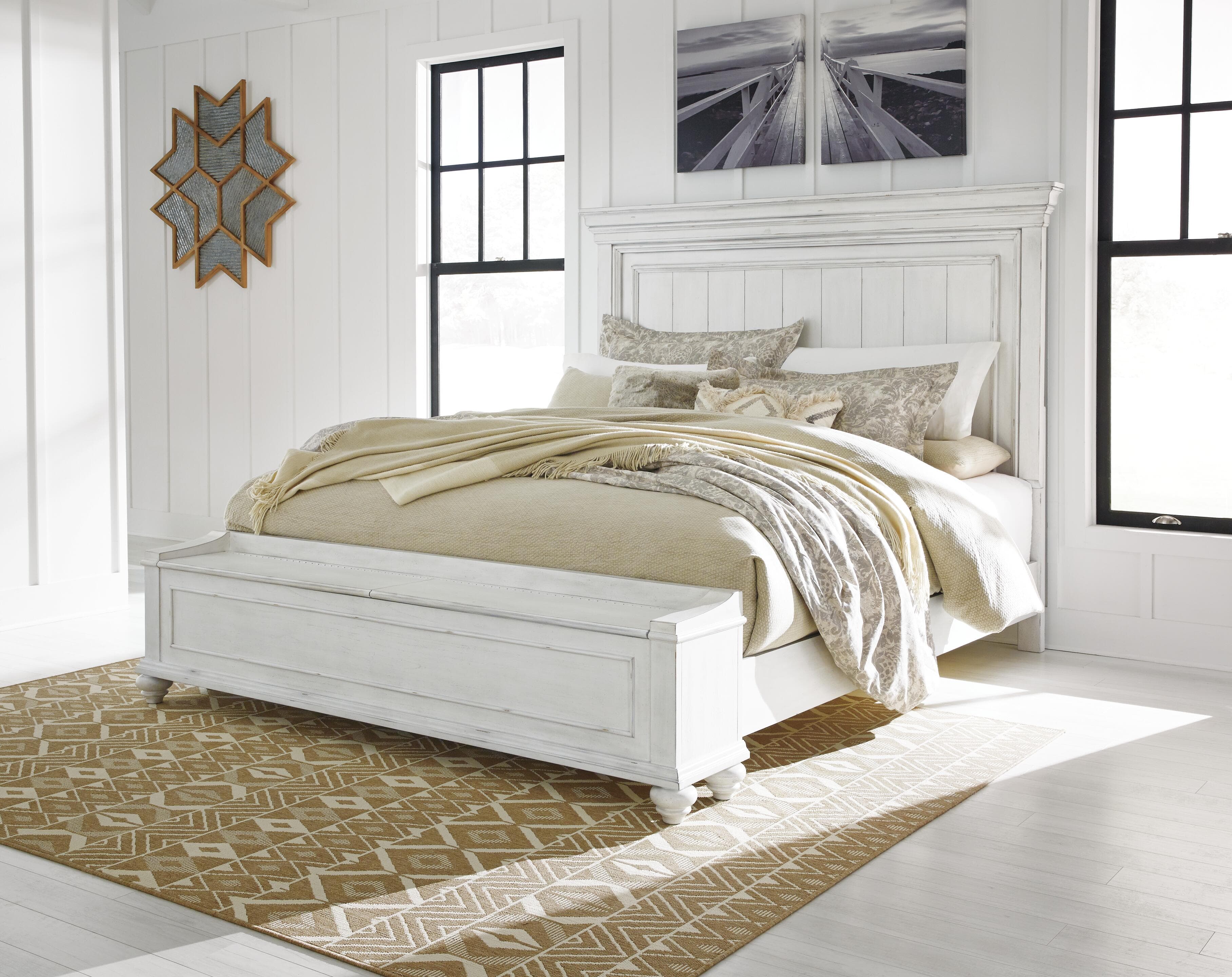 Kanwyn California King Panel Bed with Storage Bench — White — view 7