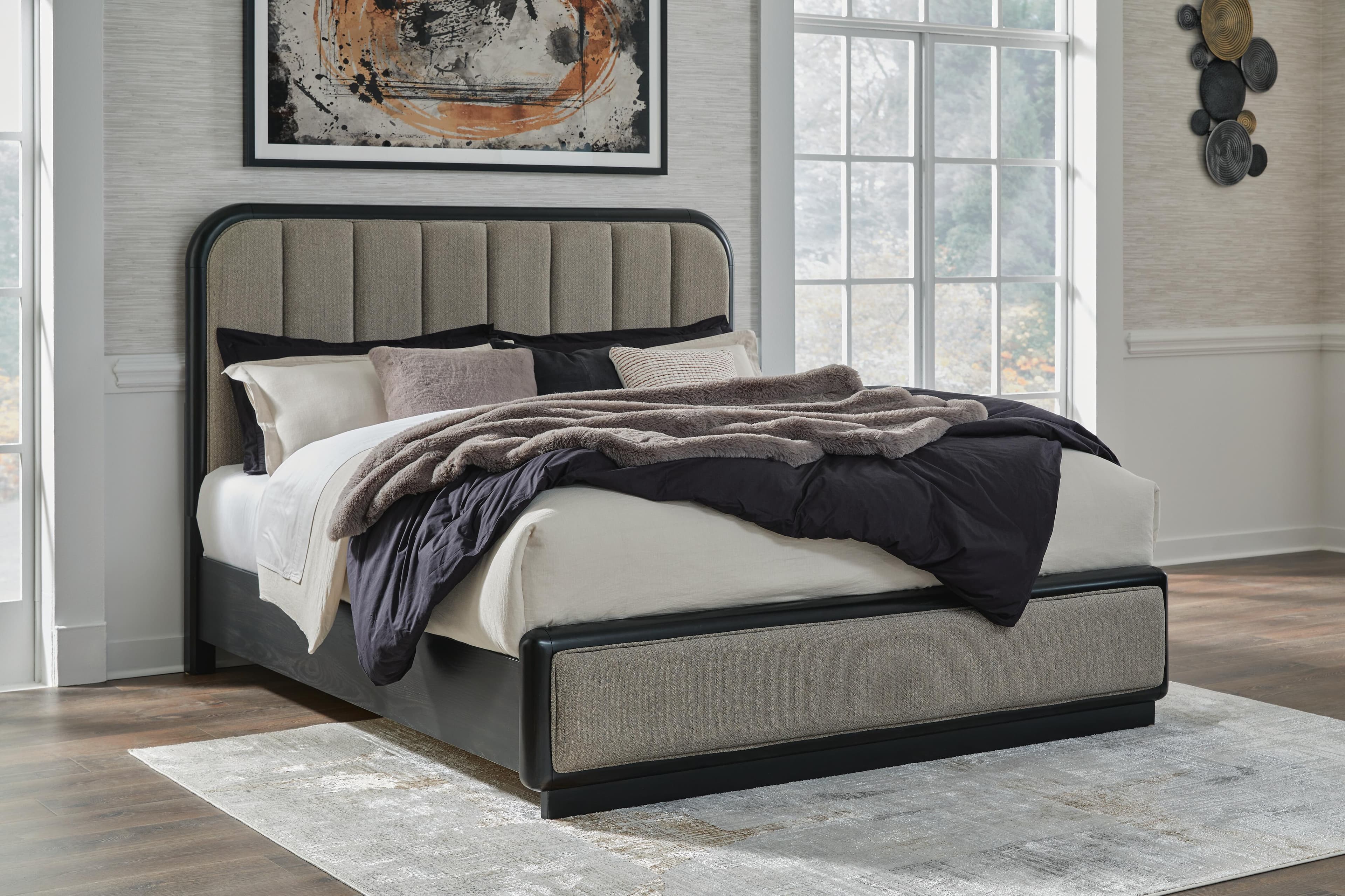 Rowanbeck King Upholstered Panel Bed — Black/Gray — view 2
