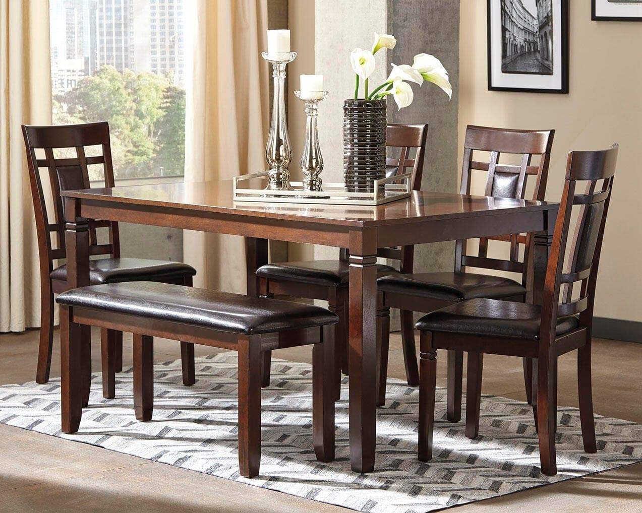 Bennox Dining Table and Chairs with Bench (Set of 6) — Brown/Beige — view 2