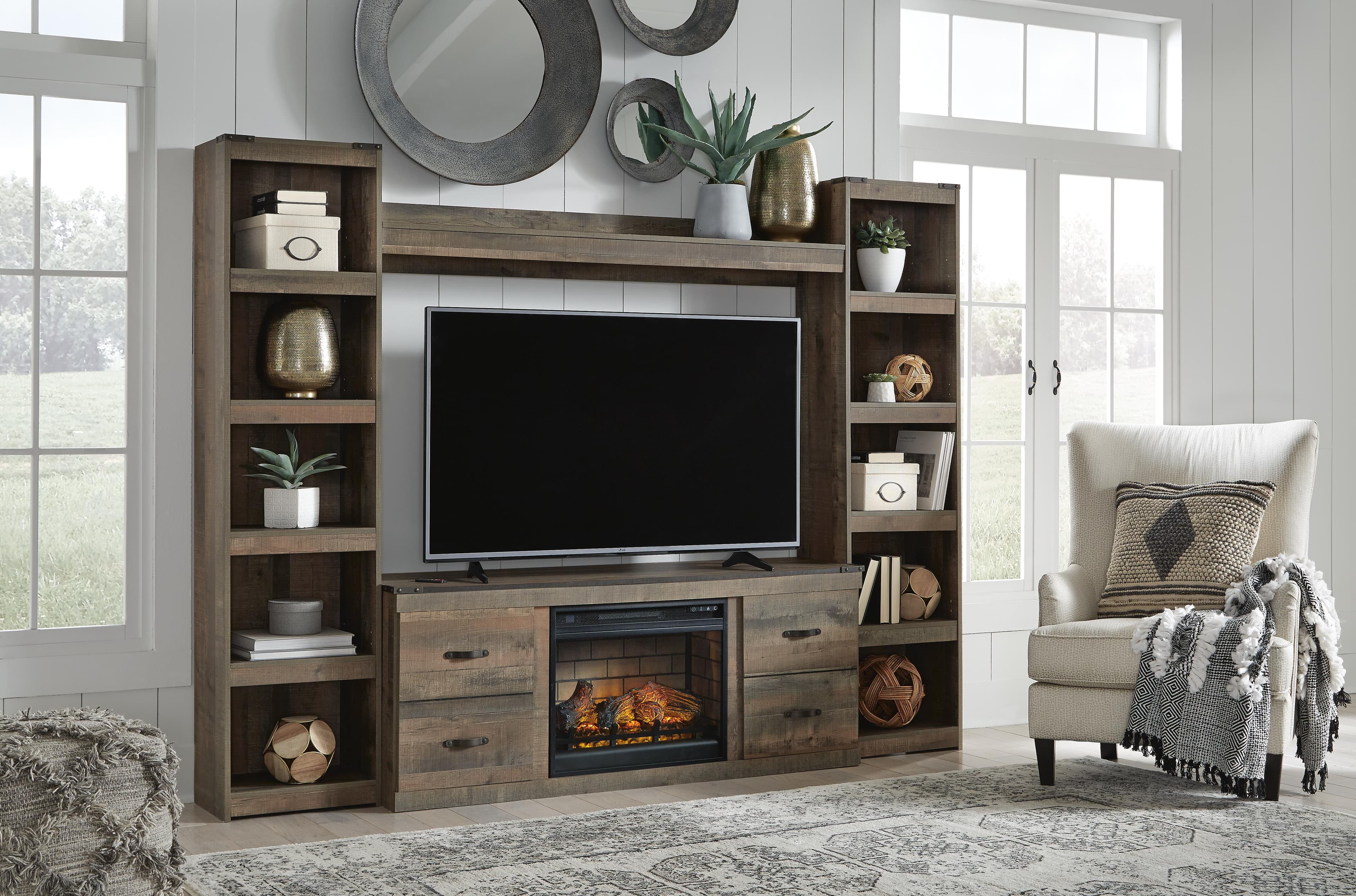 Trinell 4-Piece Entertainment Center with Electric Fireplace — Brown/Beige — view 2