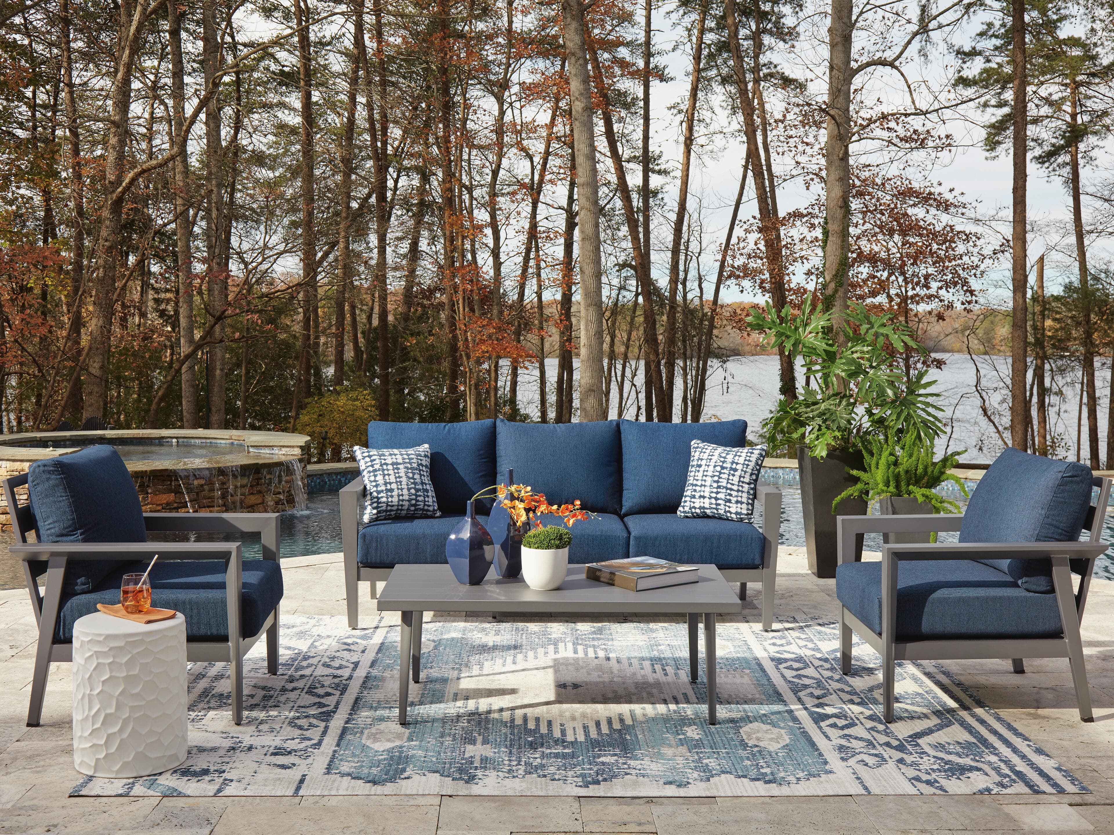 Gali Outdoor Sofa/Chairs/Table Set (Set of 4) — Black/Gray & Blue — view 2